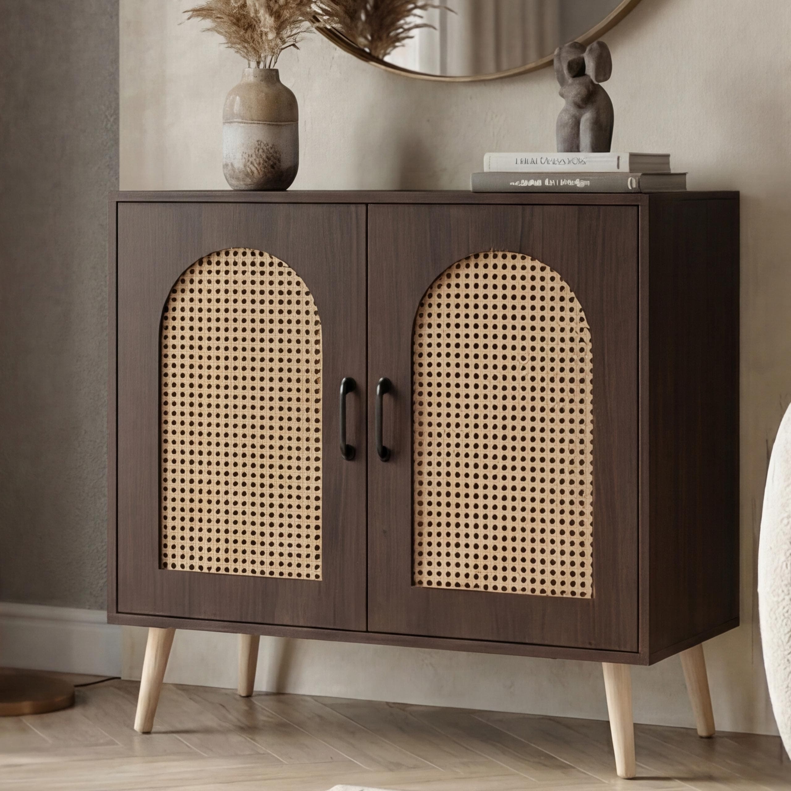 Kommode MCW-P51, Schrank mit T&uuml;ren Anrichte Stauf&auml;cher, Poly-Rattan MDF Melamin 79x80x40cm ~ Walnuss-Optik 