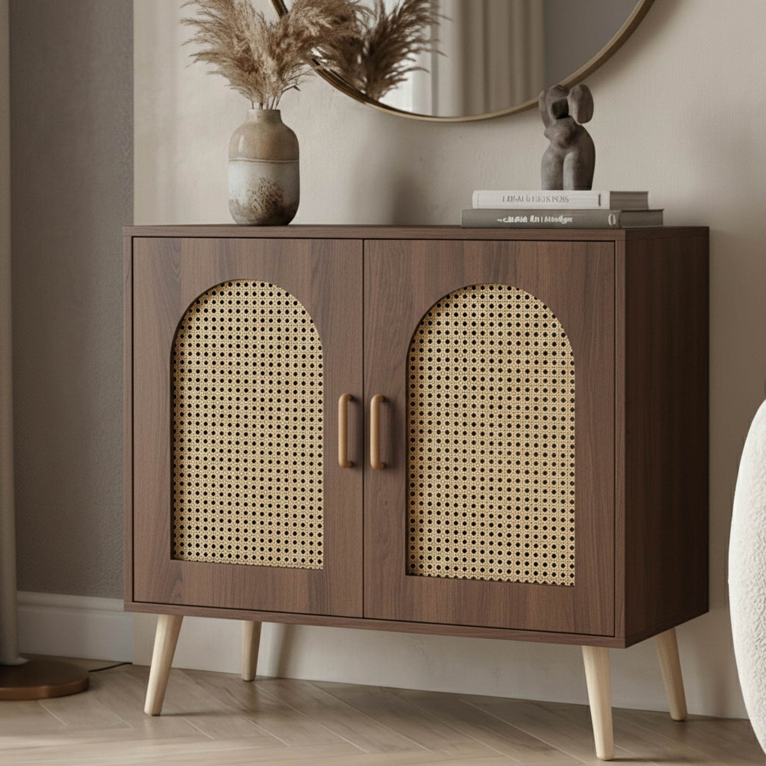 Kommode MCW-P51, Schrank mit T&uuml;ren Anrichte Stauf&auml;cher, Poly-Rattan MDF Melamin 79x80x40cm ~ braun 