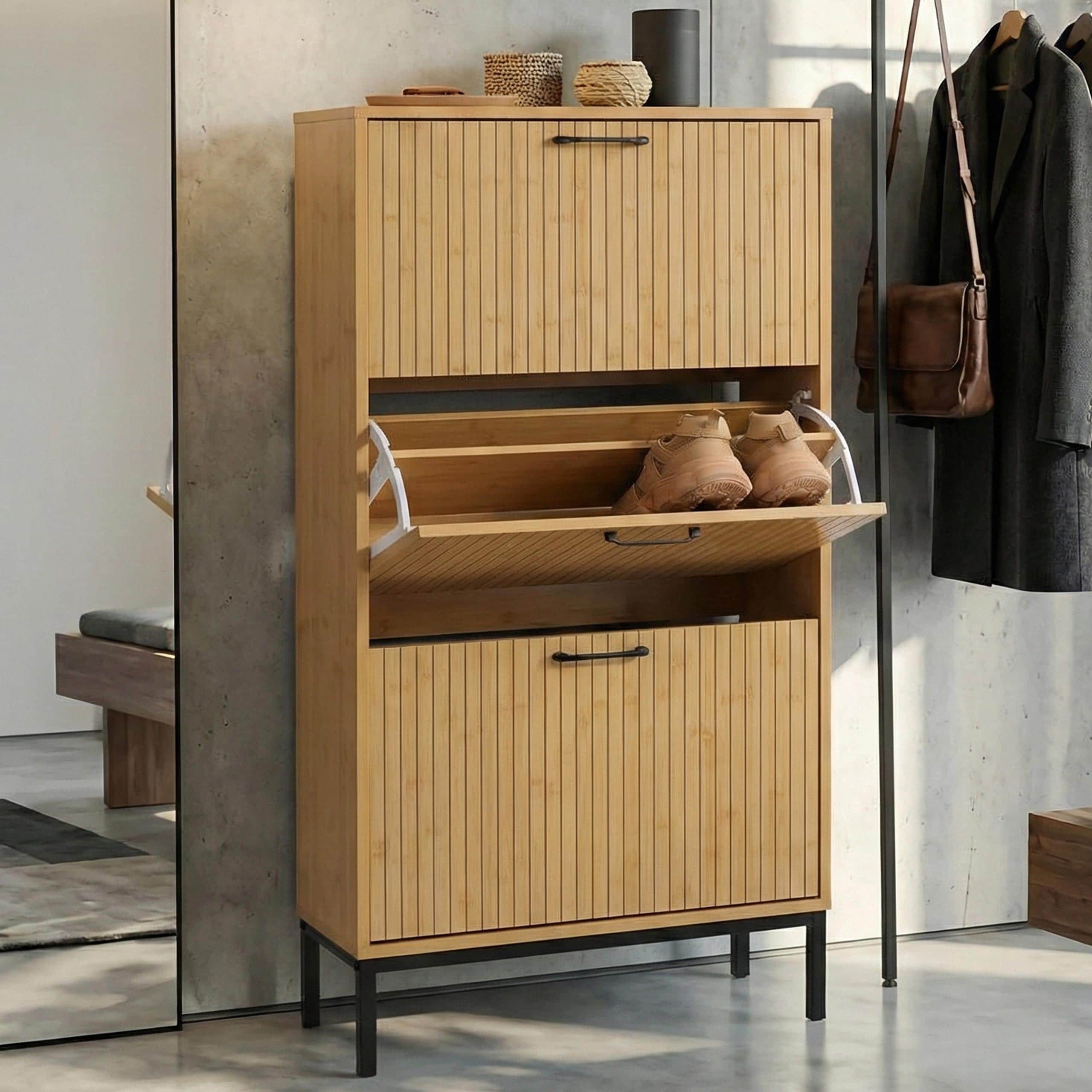 Schuhkipper MCW-P48, Schuhregal Schuhschrank, 3 Kippf&auml;cher Ablage MDF Melamin 125x60x25cm ~ Bambus-Optik 