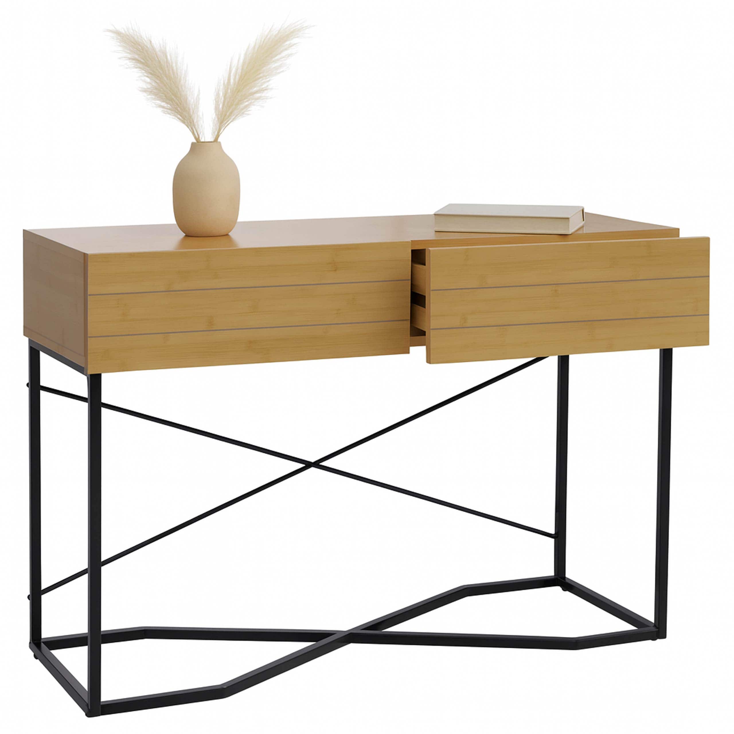 Konsolentisch MCW-P47, Telefontisch Beistelltisch Ablagetisch, Schublade Melamin Industrial 81x120x40cm ~ Bambus-Optik 