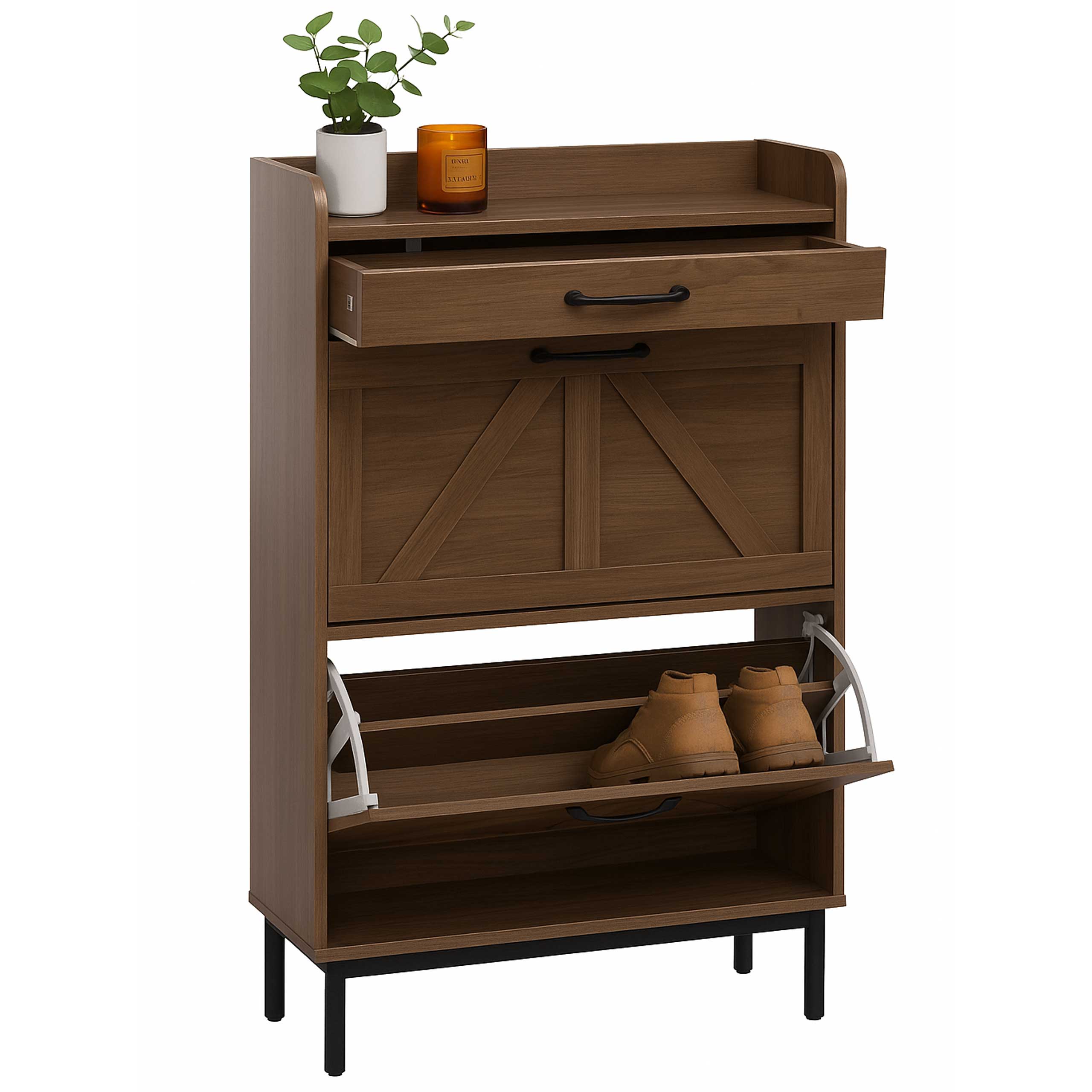 Schuhkipper MCW-P45, Schuhregal Schuhschrank, 2 Kippf&auml;cher Ablage Schublade MDF 95x60x24cm ~ braun 
