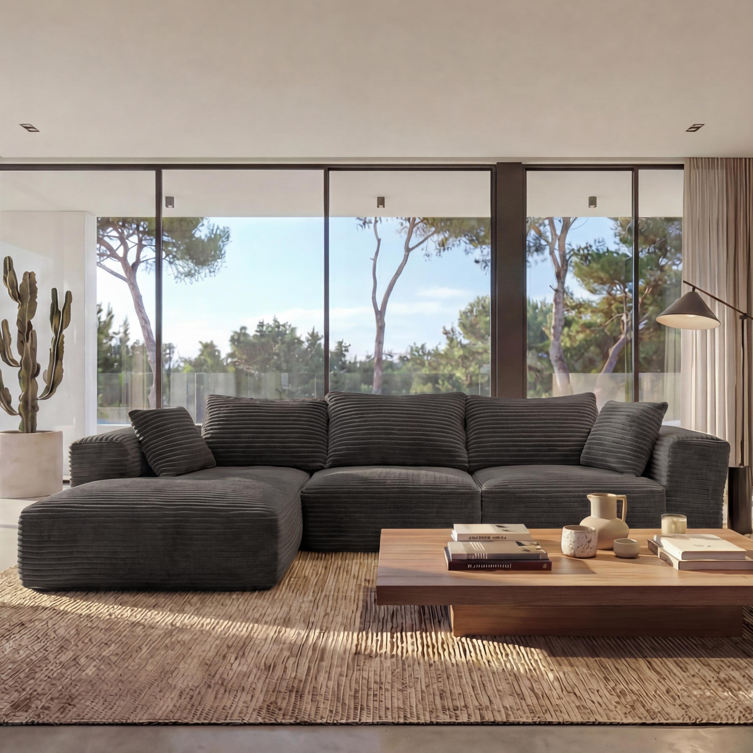 Sofa-Garnitur MCW-P20, 3-Sitzer Couch Loungesofa, Stoff/Textil Cord (370 g/m&sup2;) Liegefl&auml;che links ~ dunkelgrau 