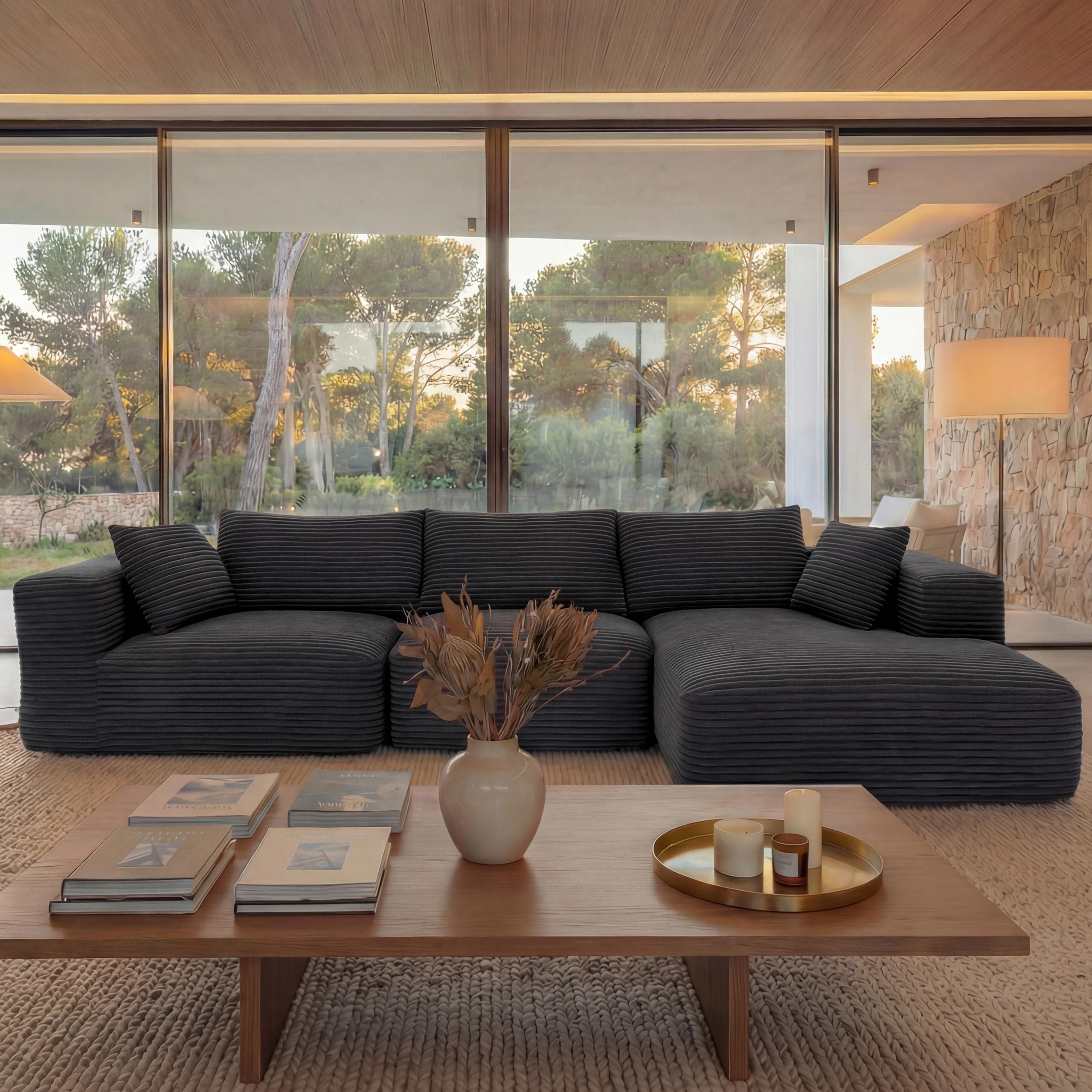 Sofa-Garnitur MCW-P20, 3-Sitzer Couch Loungesofa, Stoff/Textil Cord (370 g/m&sup2;) Liegefl&auml;che rechts ~ dunkelgrau 