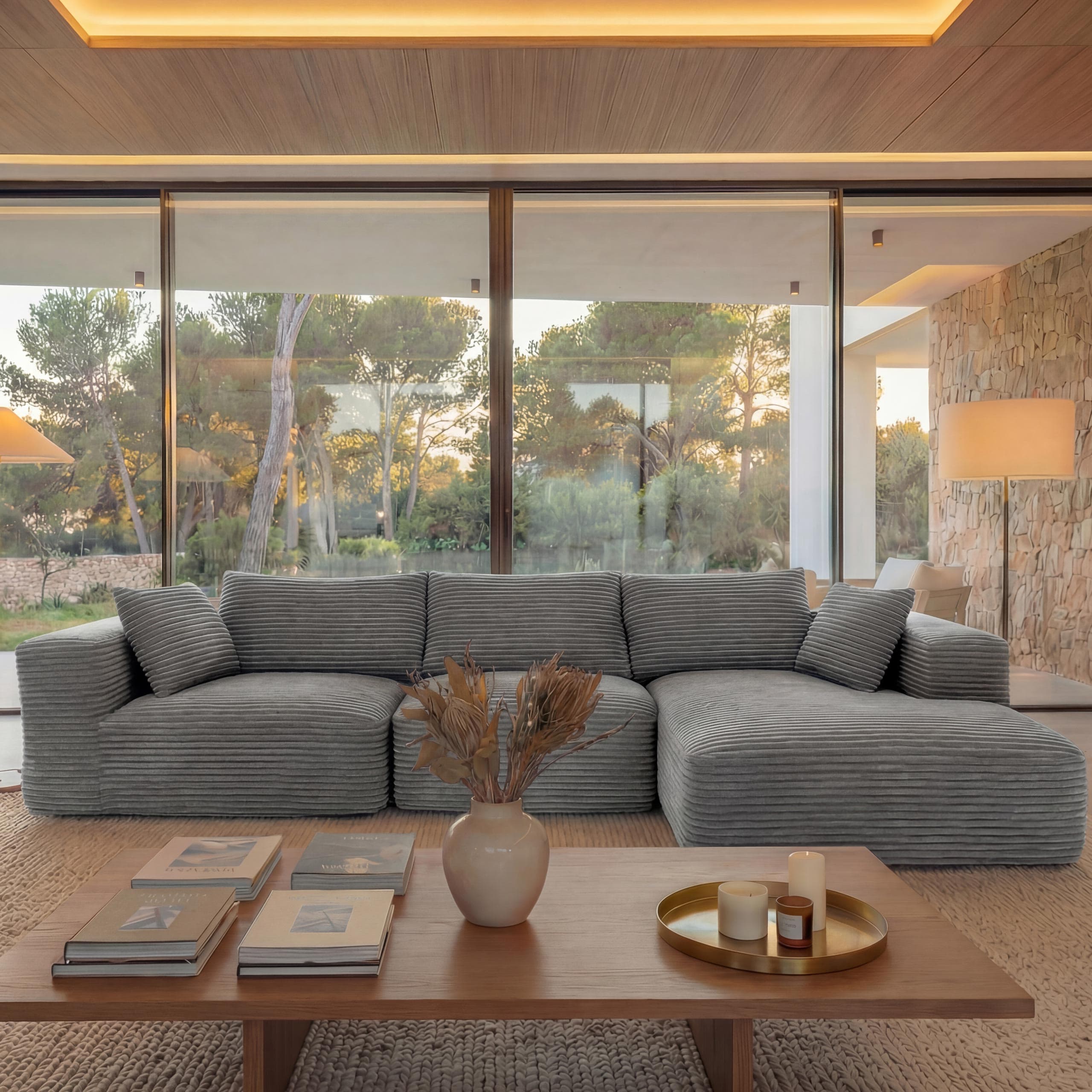 Sofa-Garnitur MCW-P20, 3-Sitzer Couch Loungesofa, Stoff/Textil Cord (370 g/m&sup2;) Liegefl&auml;che rechts ~ hellgrau 