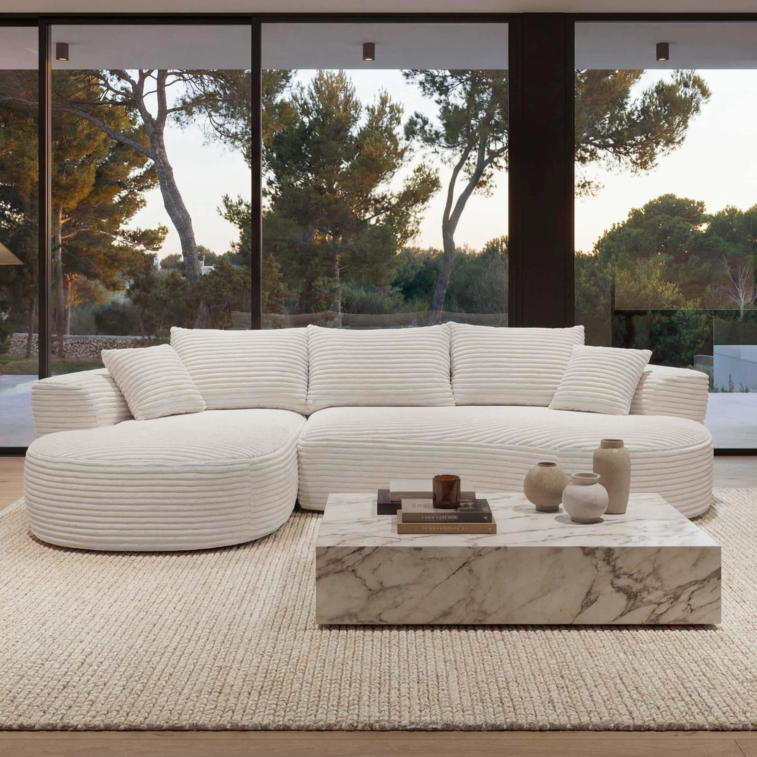 Sofa-Garnitur MCW-P19, 3-Sitzer Couch Loungesofa, Stoff/Textil Cord (370 g/m&sup2;) Liegefl&auml;che links ~ wei&szlig; 