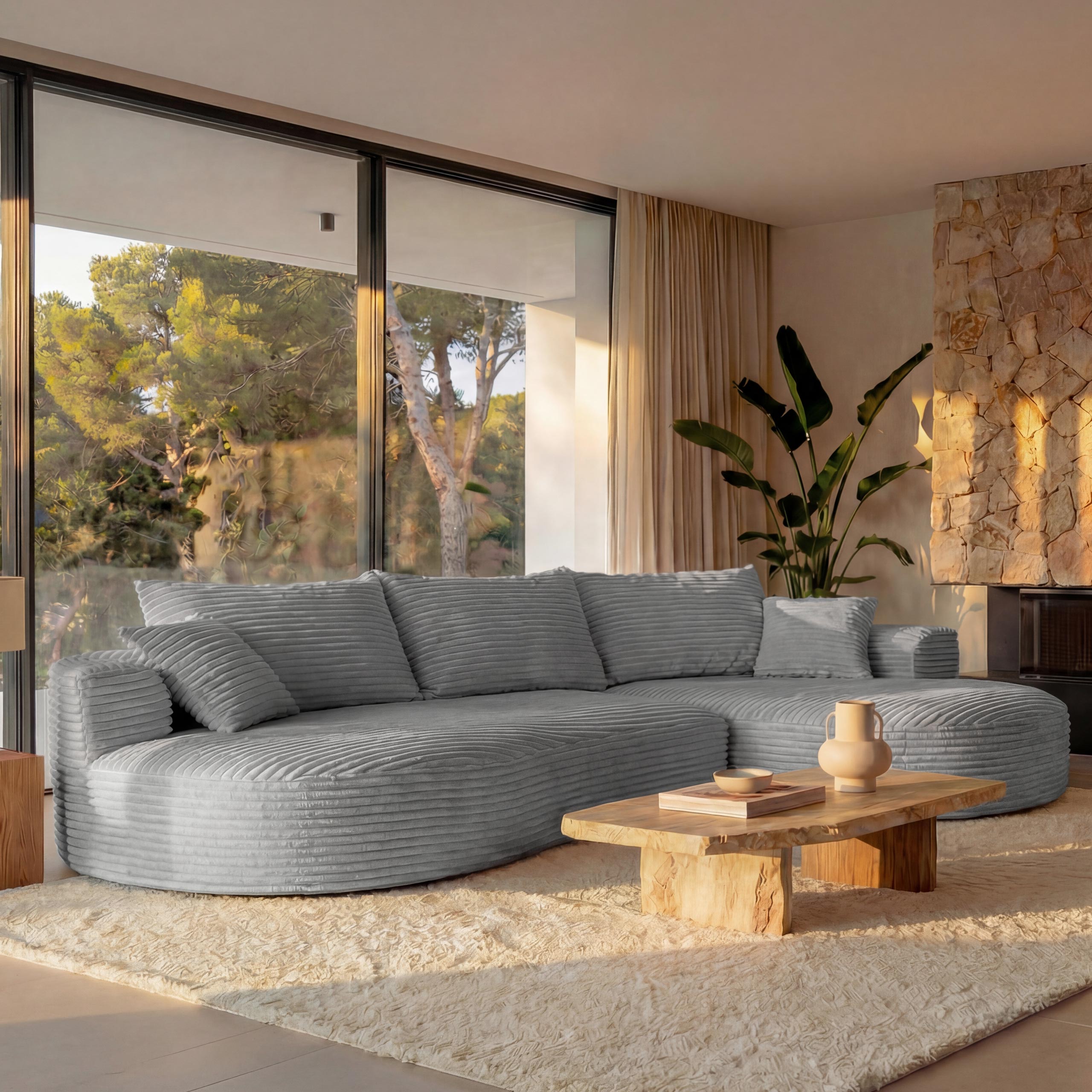Sofa-Garnitur MCW-P19, 3-Sitzer Couch Loungesofa, Stoff/Textil Cord (370 g/m&sup2;) Liegefl&auml;che rechts ~ hellgrau 