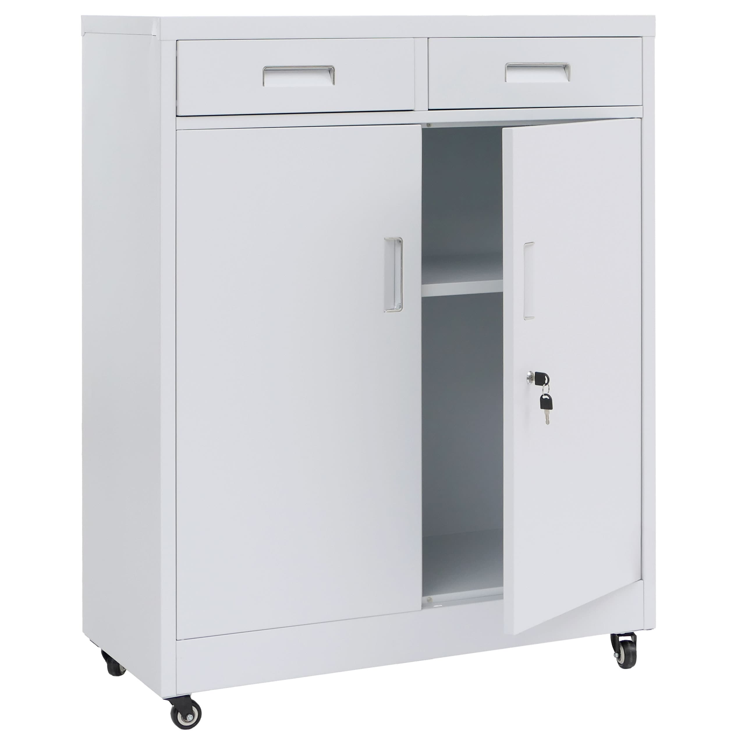 Aktenschrank MCW-O89, Stahlschrank B&uuml;roschrank, Rollen T&uuml;ren Schubladen abschlie&szlig;bar Metall 116x90x40cm ~ wei&szlig; 