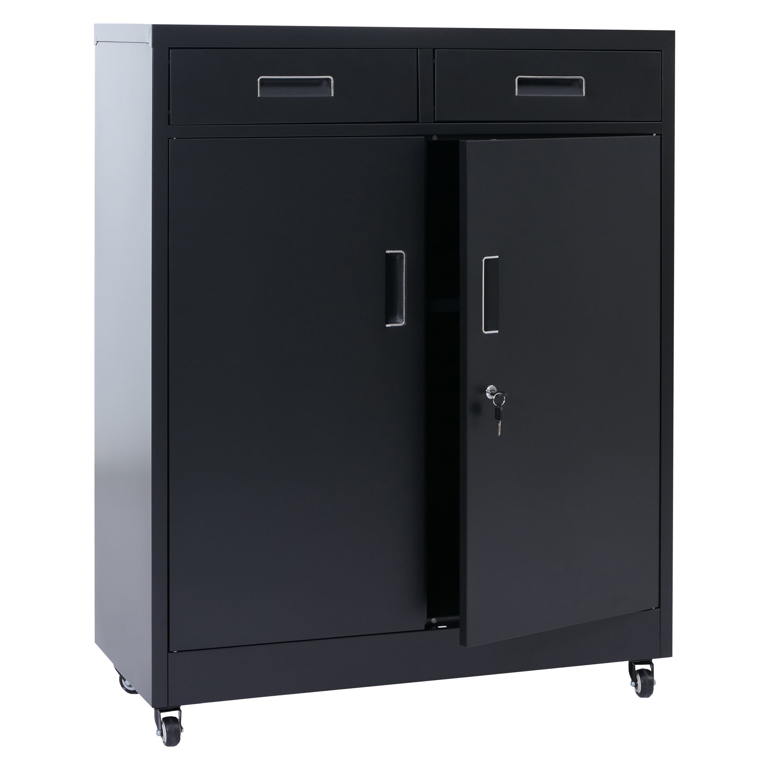 Aktenschrank MCW-O89, Stahlschrank B&uuml;roschrank, Rollen T&uuml;ren Schubladen abschlie&szlig;bar Metall 116x90x40cm ~ schwarz 