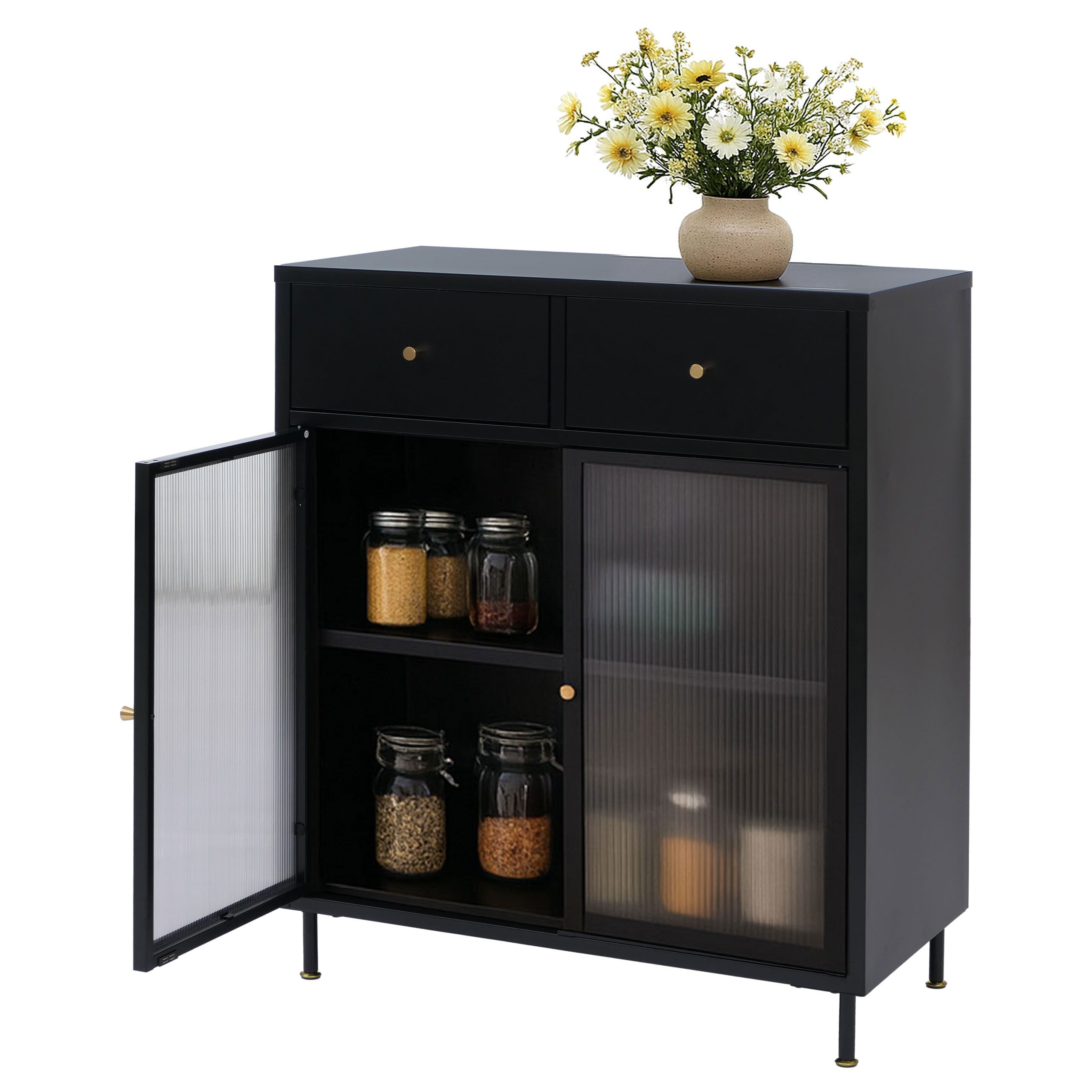 Kommode MCW-O87, Schrank Sideboard Highboard, Stauf&auml;cher Schubladen Industrial Metall Schilfglas 96x80x40cm ~ schwarz 