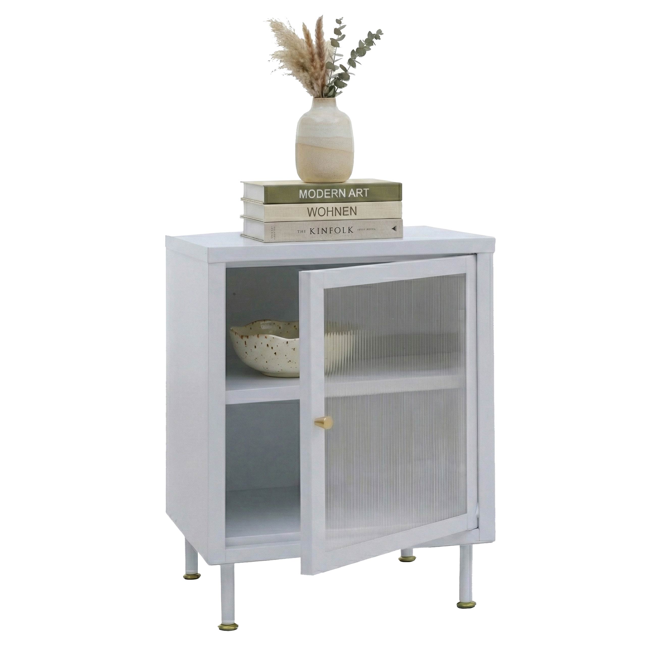 Nachttisch MCW-O87, Beistelltisch Nachtschrank Schrank, Industrial Stauf&auml;cher Metall Schilfglas 55x41x41cm ~ wei&szlig; 