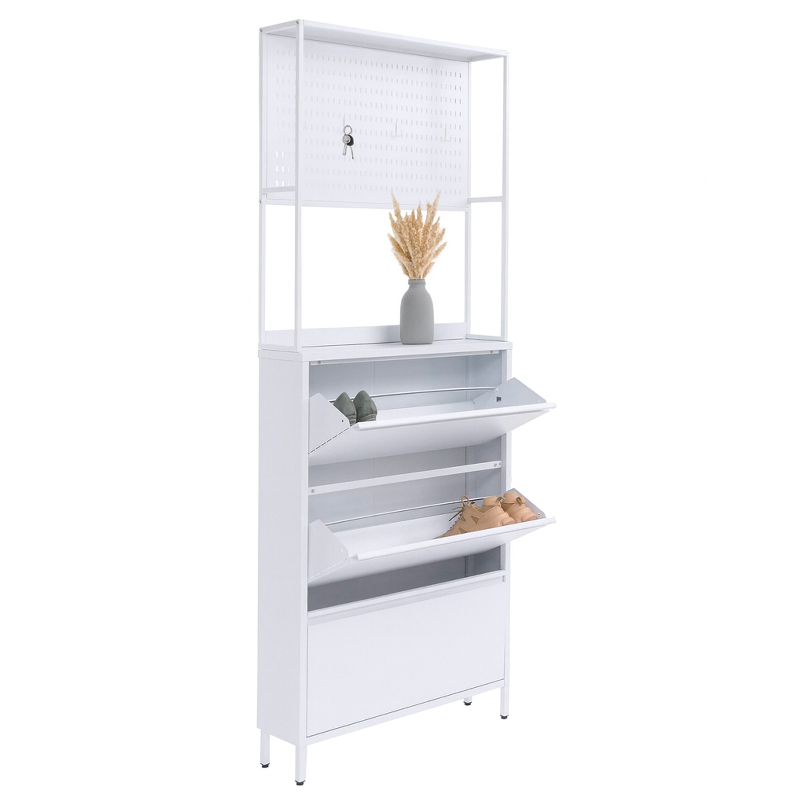 Schuhschrank MCW-O86, Schuhregal Schuhkipper, 3 Kippf&auml;cher Metall 201x80x20cm ~ wei&szlig; 