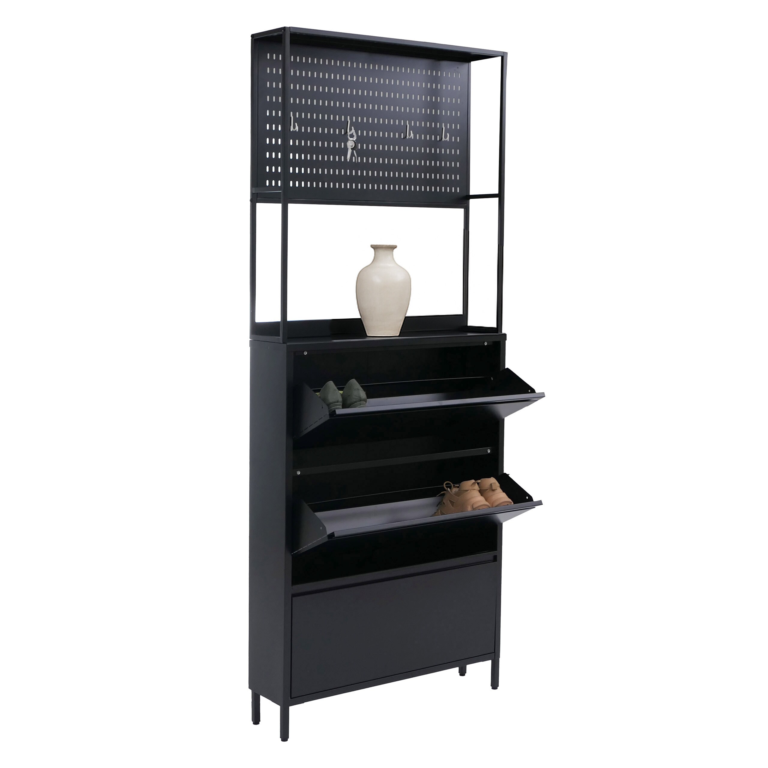 Schuhschrank MCW-O86, Schuhregal Schuhkipper, 3 Kippf&auml;cher Metall 201x80x20cm ~ schwarz 