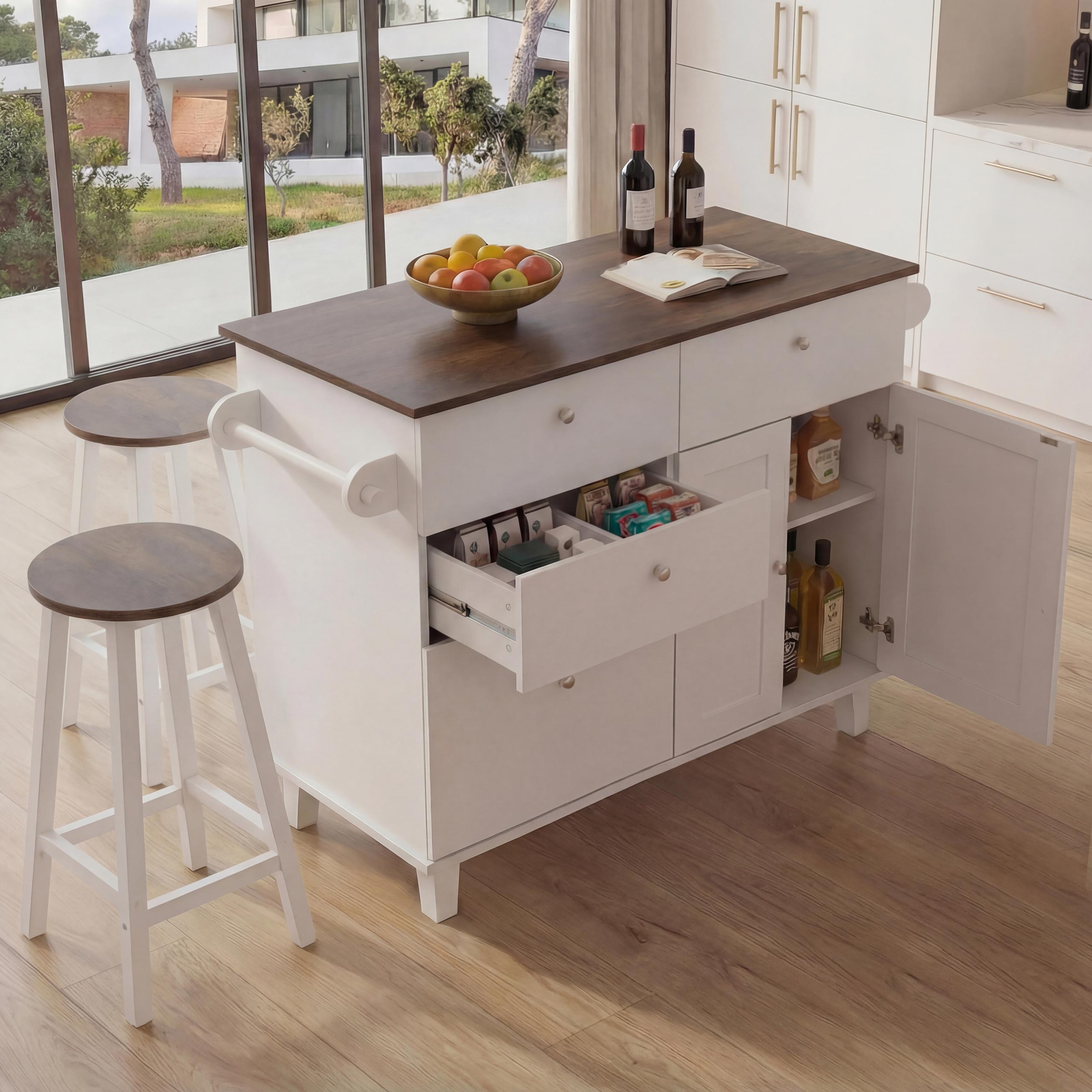 K&uuml;cheninsel MCW-P62 mit 2 Sitzhockern, K&uuml;chenschrank Schublade Stauf&auml;cher MDF 90x131x47cm ~ wei&szlig;, dunkles Holz - Bild 1