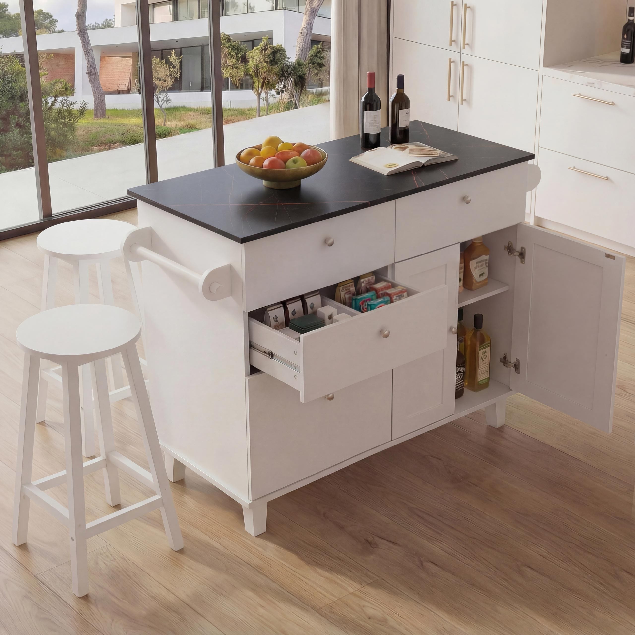 K&uuml;cheninsel MCW-P62 mit 2 Sitzhockern, K&uuml;chenschrank Schublade Stauf&auml;cher MDF 90x131x47cm ~ wei&szlig;, Marmor-Optik schwarz 