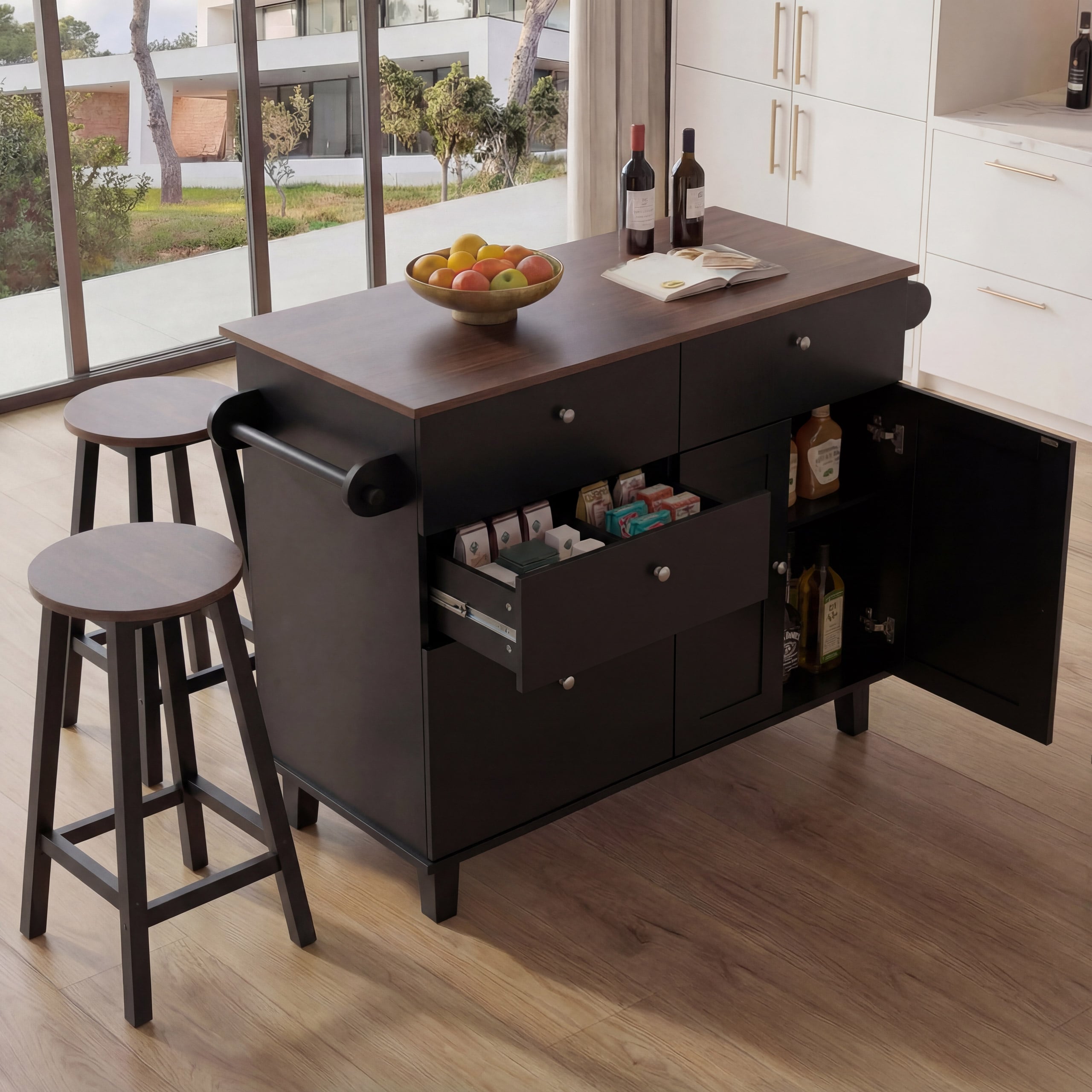 K&uuml;cheninsel MCW-P62 mit 2 Sitzhockern, K&uuml;chenschrank Schublade Stauf&auml;cher MDF 90x131x47cm ~ schwarz, dunkles Holz 