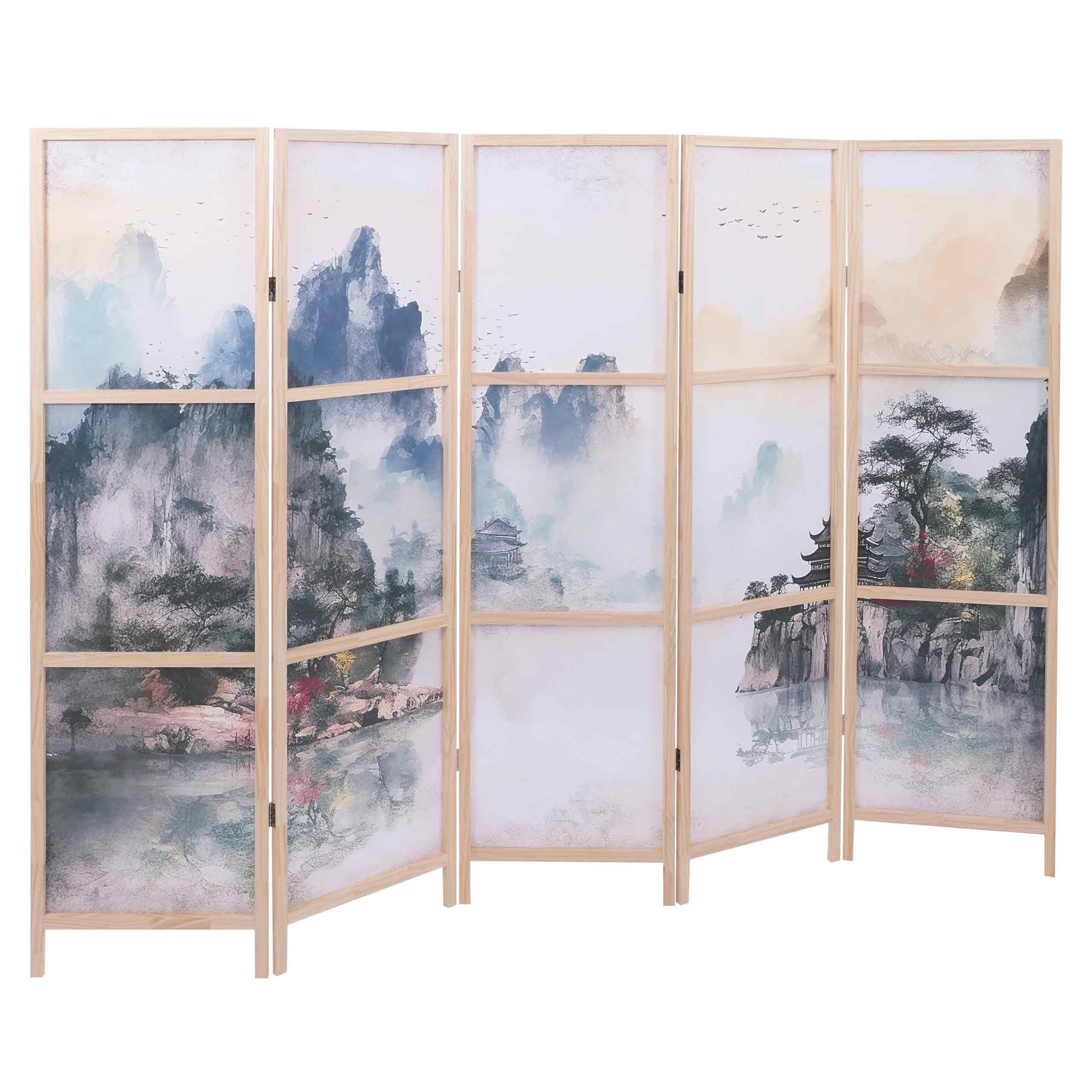 Paravent MCW-O70, Trennwand Sichtschutz Raumtrennung Naturmotive Holz MVG Polyethylen 170x227cm ~ Berge 
