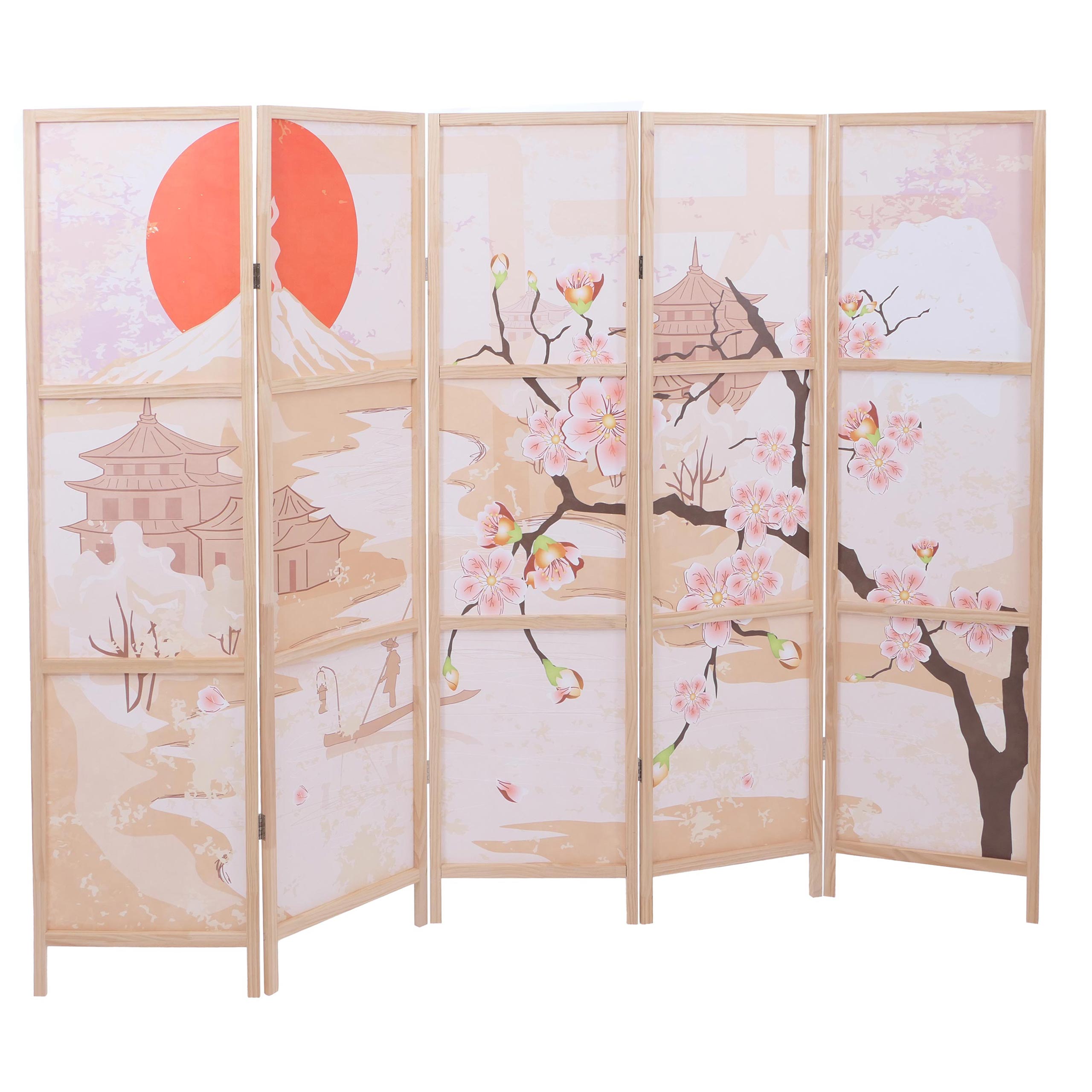 Paravent MCW-O70, Trennwand Sichtschutz Raumtrennung Naturmotive Holz MVG Polyethylen 170x227cm ~ Kirschbl&uuml;ten 