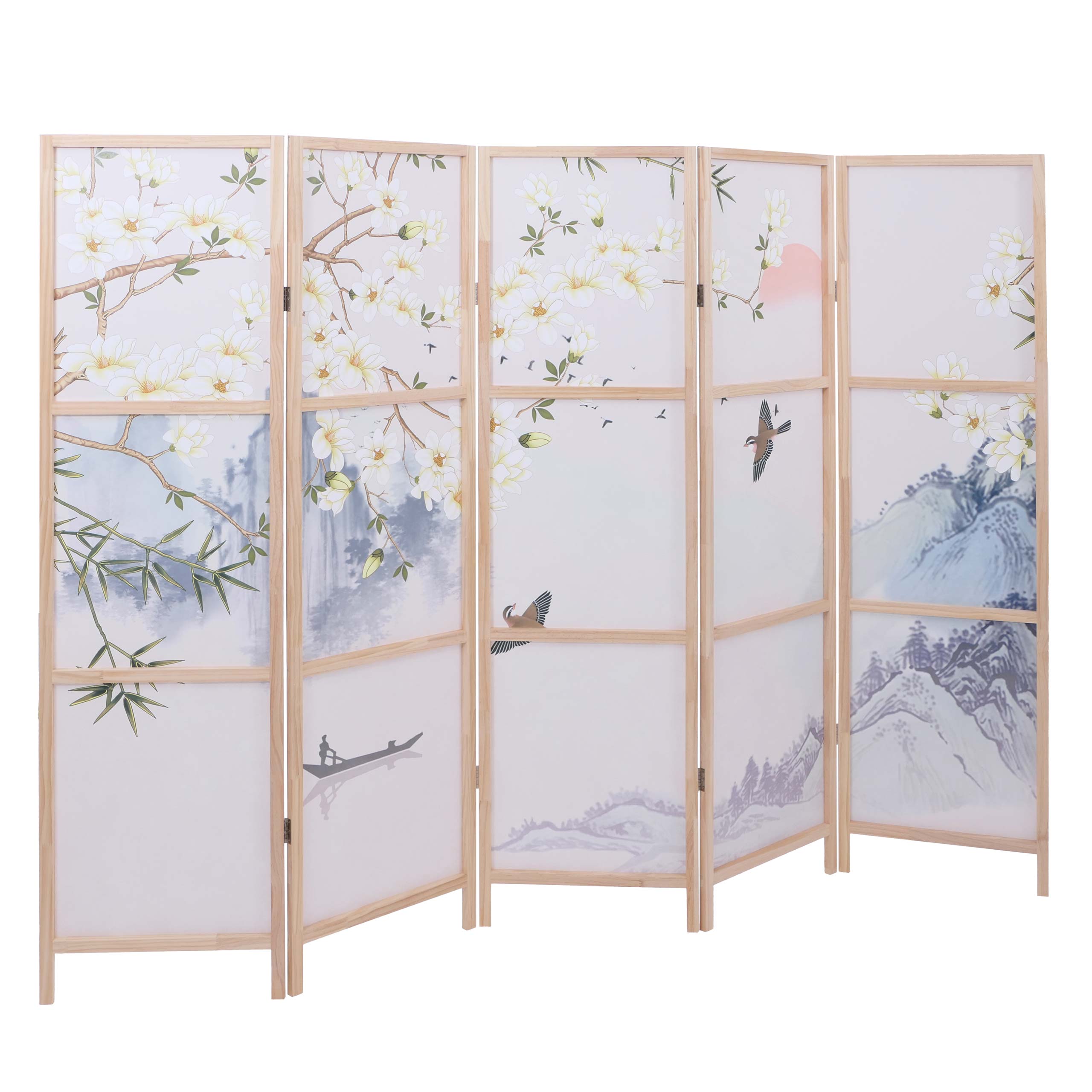 Paravent MCW-O70, Trennwand Sichtschutz Raumtrennung Naturmotive Holz MVG Polyethylen 170x227cm ~ Flusslandschaft 