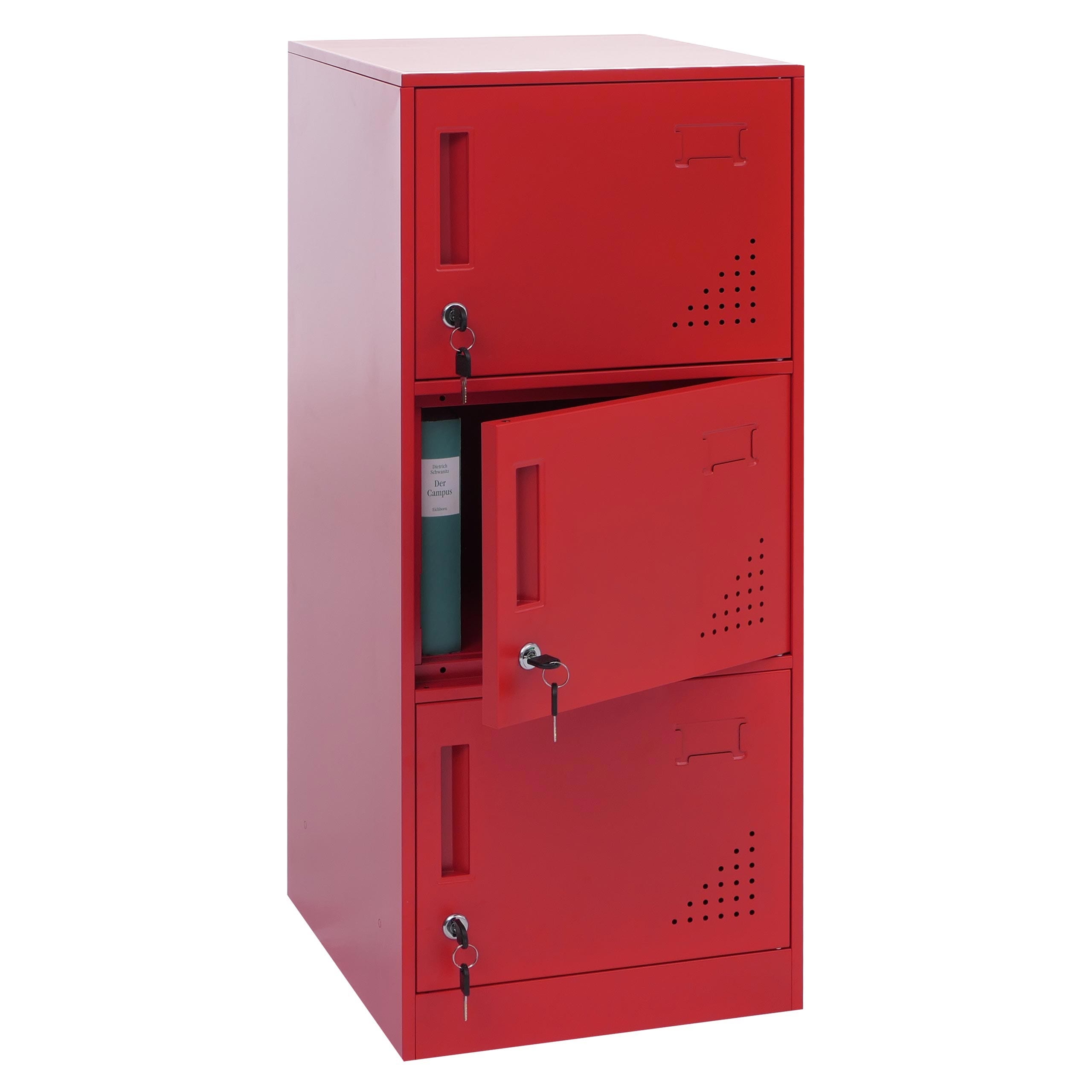 Spind MCW-P63, Schlie&szlig;fach Wertfachschrank Schlie&szlig;fachschrank 3 T&uuml;ren, 90x38x45cm Stahl ~ rot 