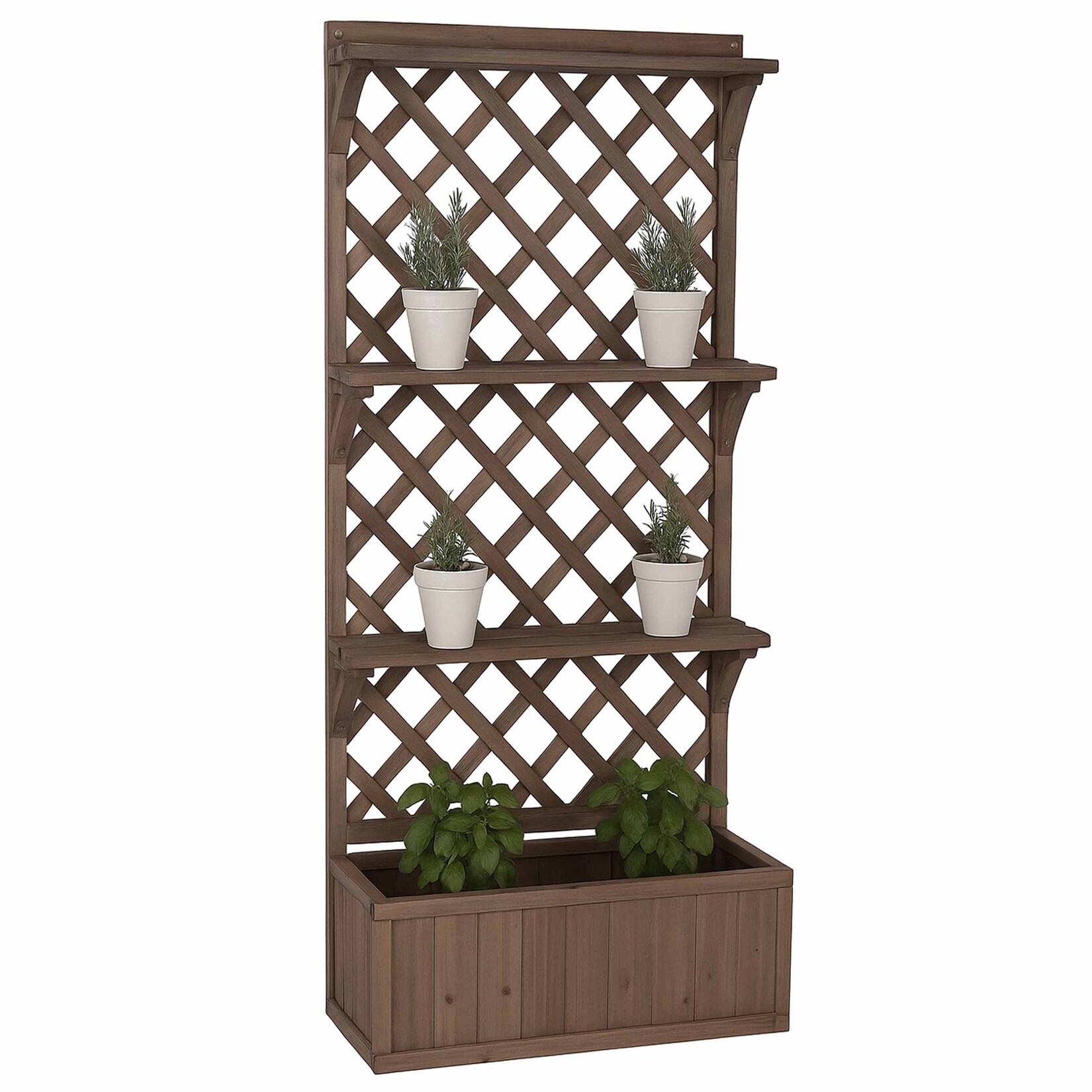 Hochbeet -P69, Pflanz-/Blumenkasten Pflanzkübel Rankgitter Spalier Ablagefläche Holz MVG 177x77x33cm ~ braun