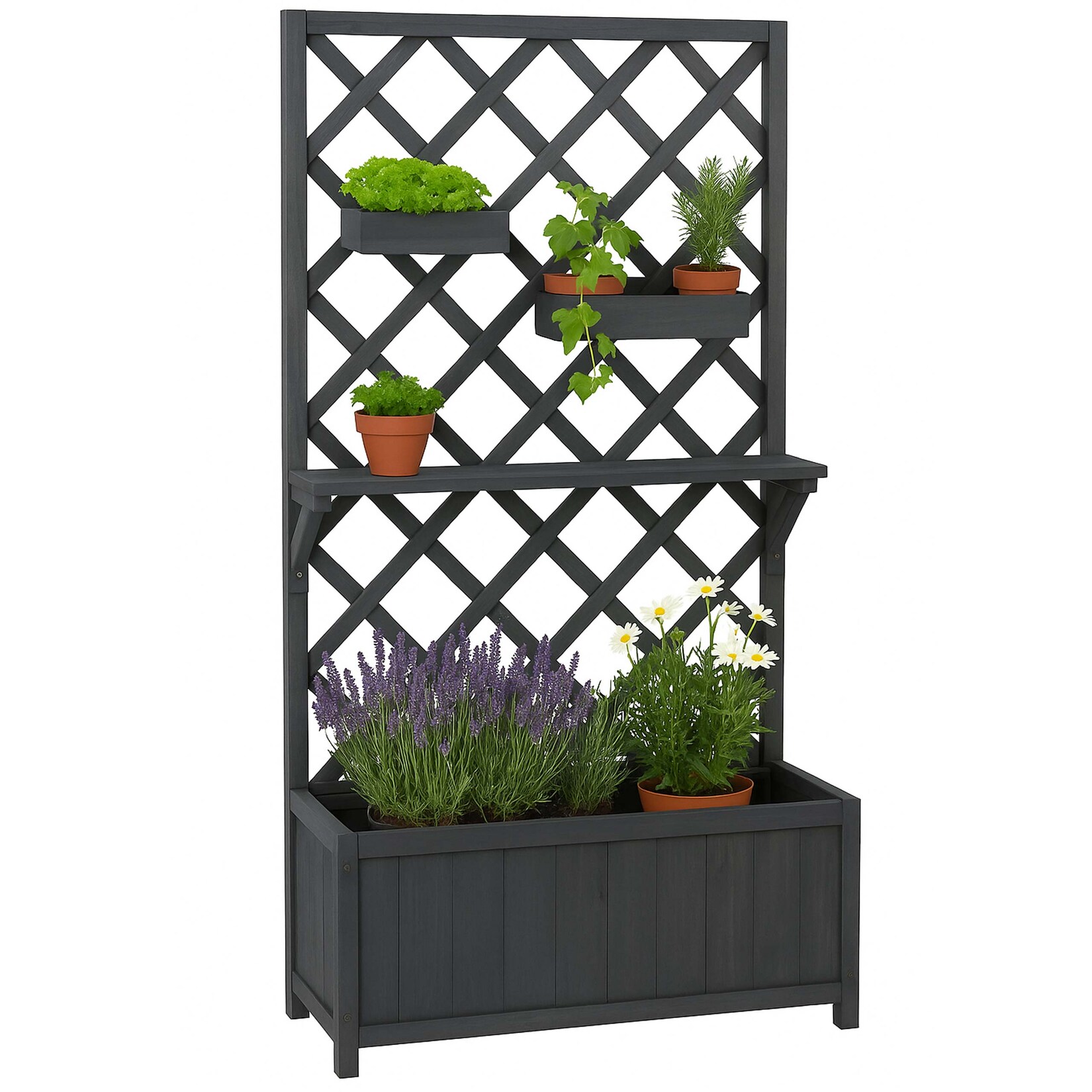 Hochbeet -P68, Pflanz-/Blumenkasten Rankgitter Rankhilfe Ablage Hängekästen Holz MVG 135x70x30cm ~ anthrazit-grau