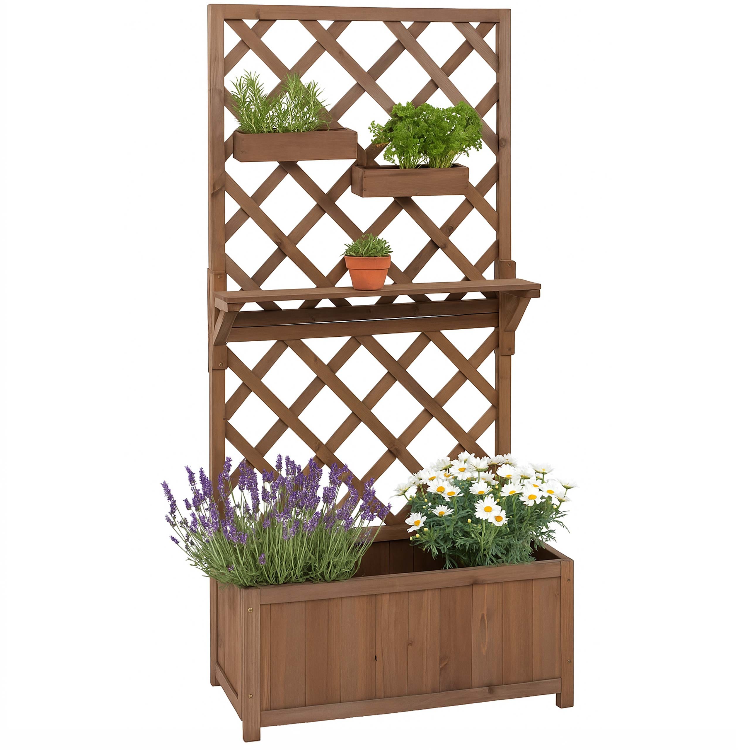 Hochbeet MCW-P68, Pflanz-/Blumenkasten Rankgitter Rankhilfe Ablage H&auml;ngek&auml;sten Holz MVG 135x70x30cm ~ braun 