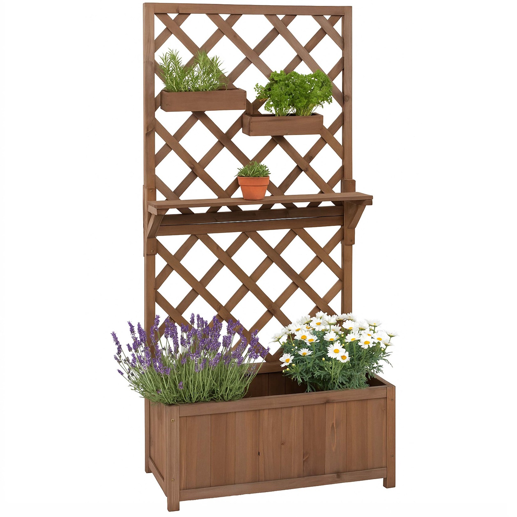 Hochbeet -P68, Pflanz-/Blumenkasten Rankgitter Rankhilfe Ablage Hängekästen Holz MVG 135x70x30cm ~ braun