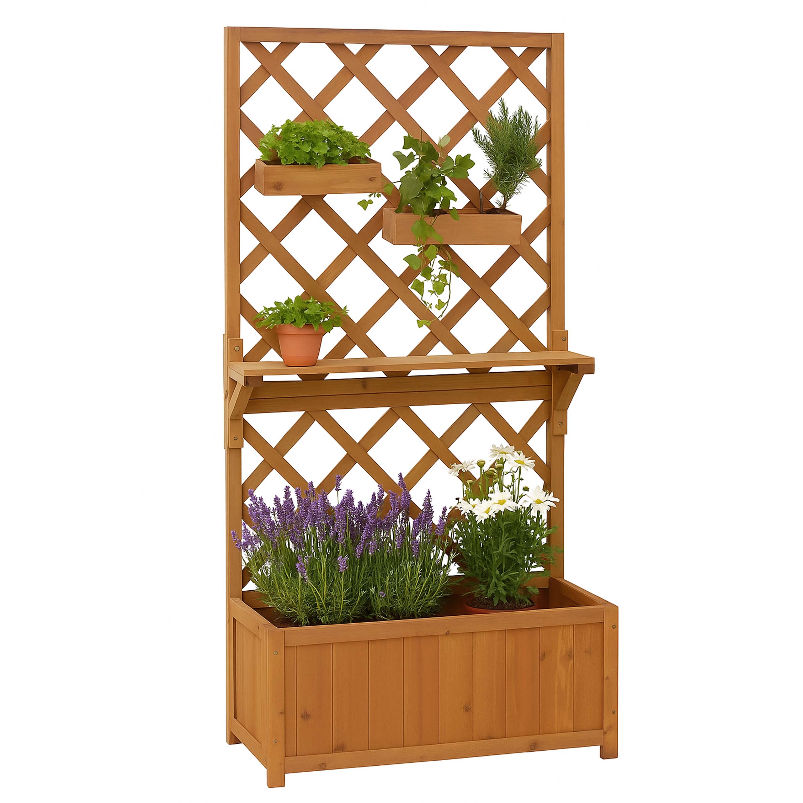 Hochbeet MCW-P68, Pflanz-/Blumenkasten Rankgitter Rankhilfe Ablage H&auml;ngek&auml;sten Holz MVG 135x70x30cm ~ natur 