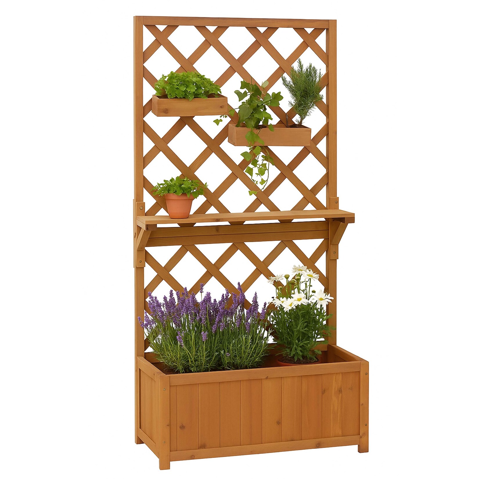 Hochbeet -P68, Pflanz-/Blumenkasten Rankgitter Rankhilfe Ablage Hängekästen Holz MVG 135x70x30cm ~ natur