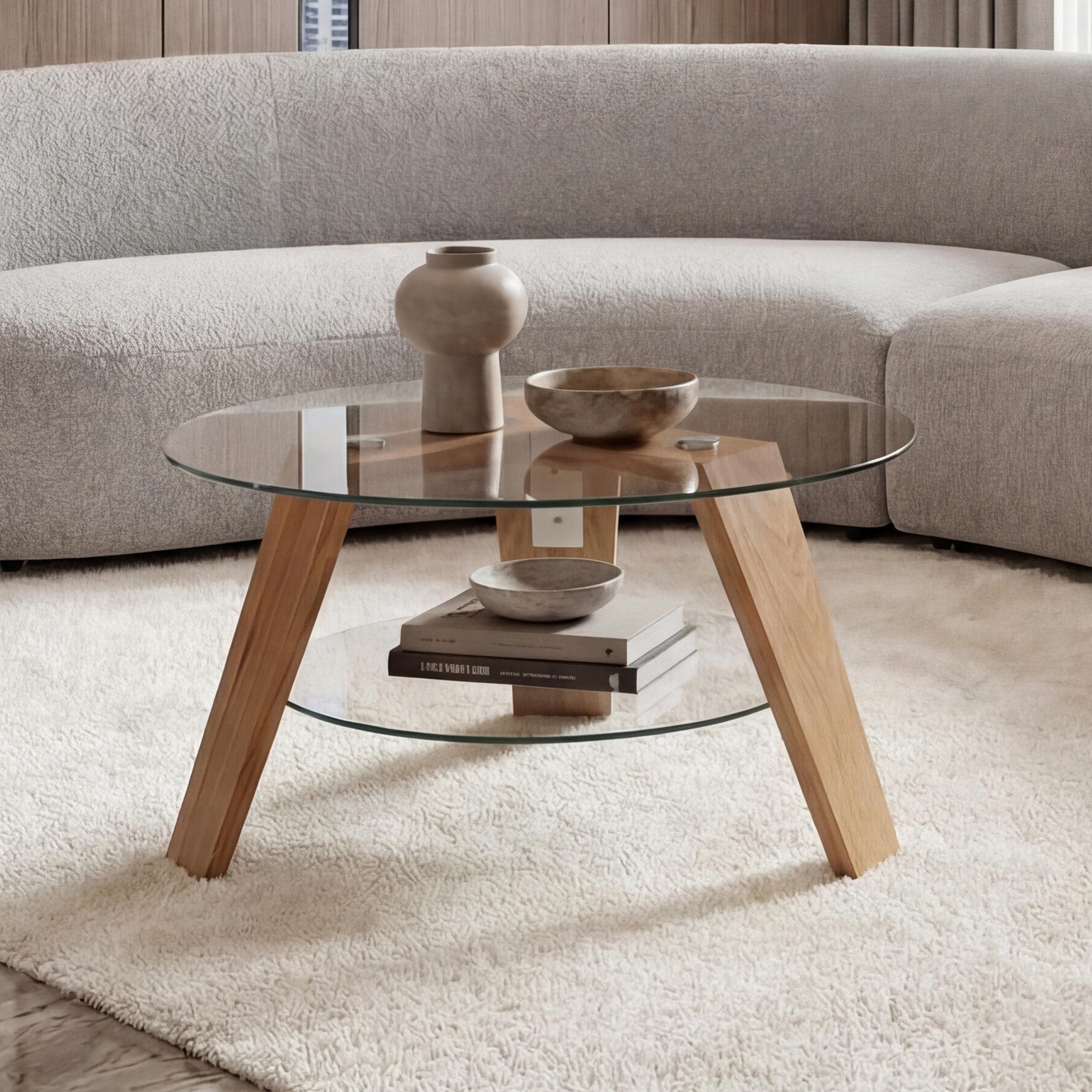 MCA Couchtisch MCW-P59, Beistelltisch Kaffeetisch Wohnzimmertisch, Massiv-Holz Glas rund &Oslash; 75cm, Eiche 