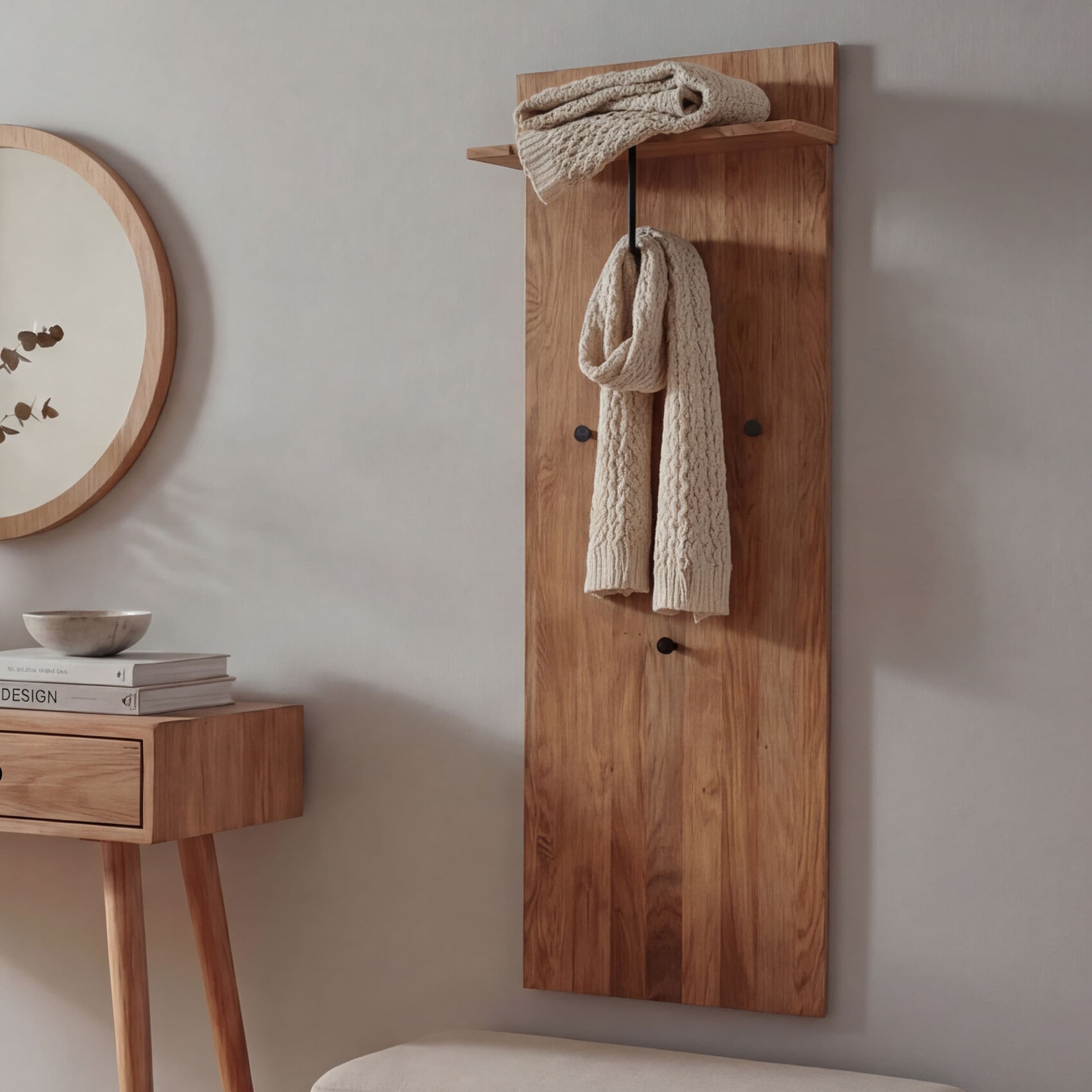 MCA Garderobenpaneel MCW-P55, Wandgarderobe Garderobe, Massiv-Holz Ablagefl&auml;che Haken 135x42x22cm, Eiche 