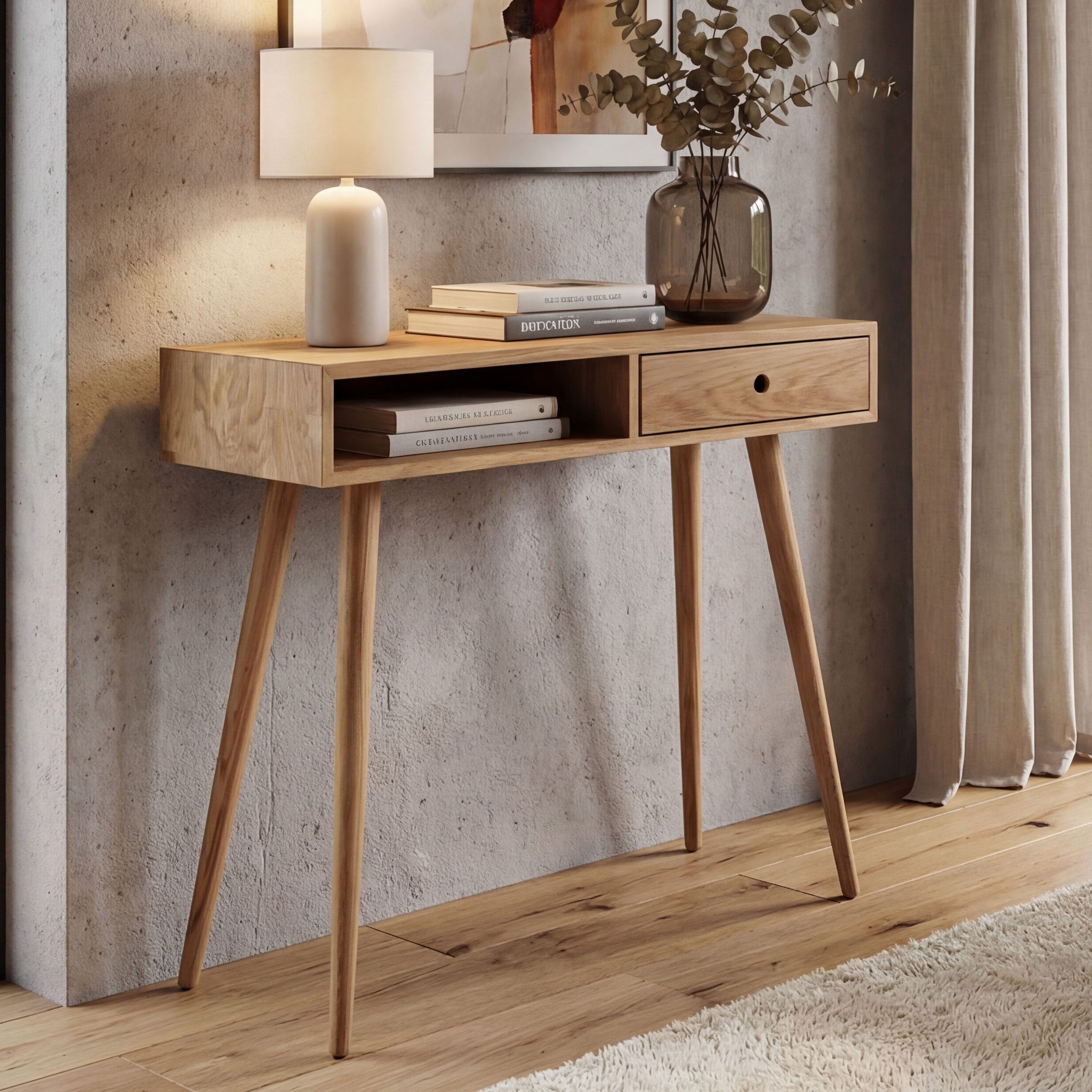 MCA Konsolentisch MCW-P55, Telefontisch Beistelltisch Ablagetisch, Massiv-Holz Schublade Staufach 80x80x34cm, Eiche 