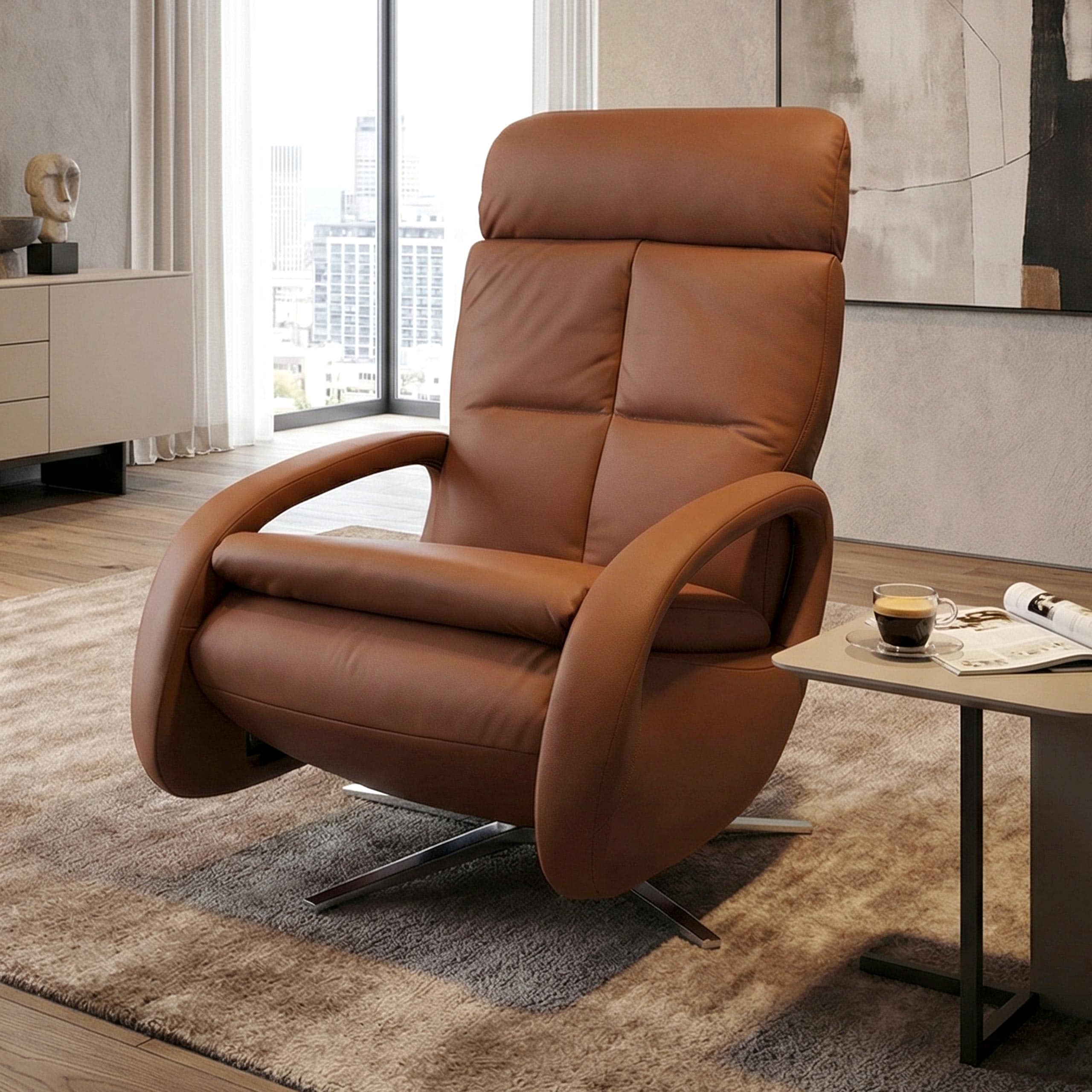 Relaxsessel MCW-L11, TV-Sessel Liegesessel, Liegefunktion drehbar, elektrisch verstellbar Voll-Leder ~ braun 