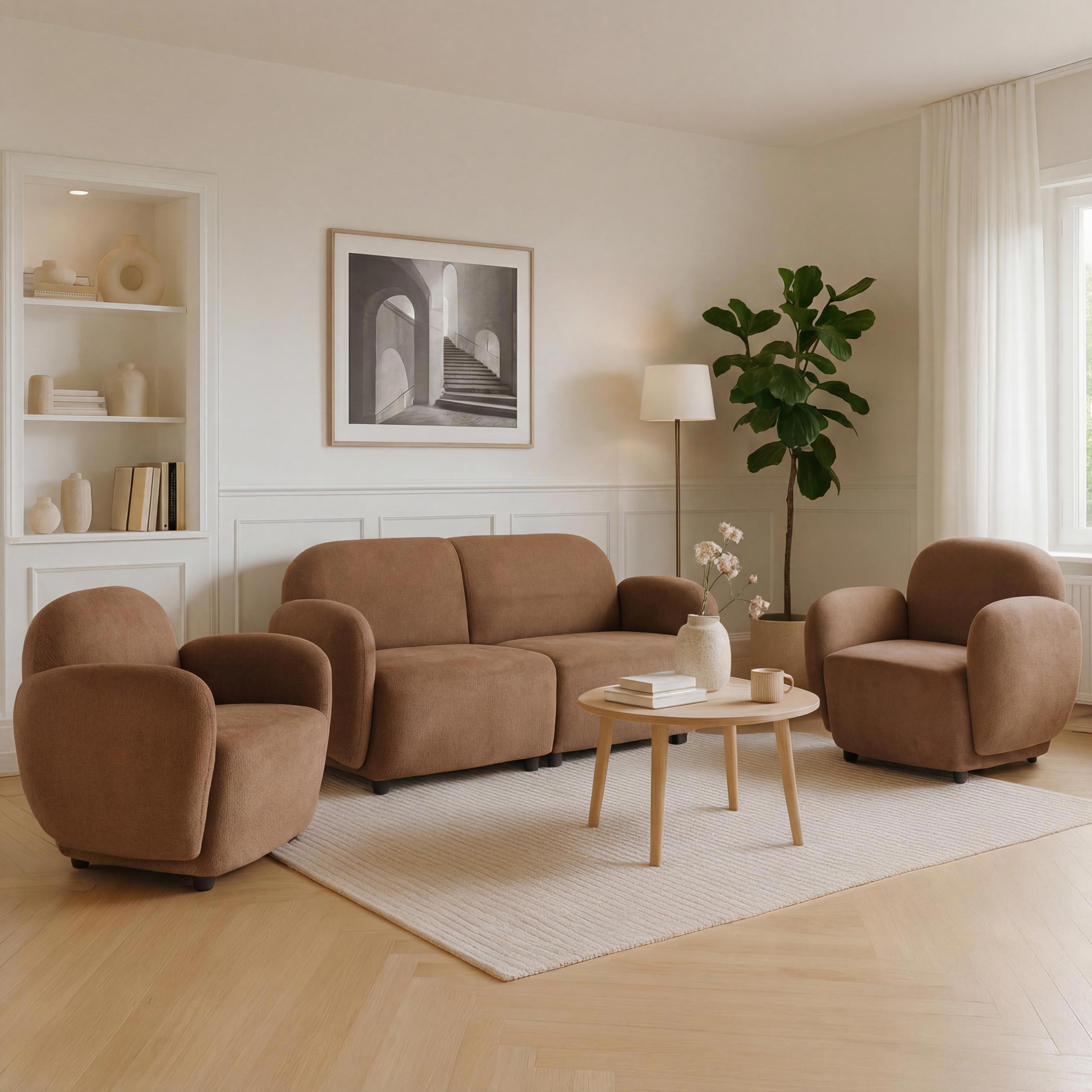 Wohnzimmer-Set MCW-P33, 2er-Sofa 2x Sessel, Stoff/Textil Chenille (330 g/m&sup2;) &Ouml;ko-Tex ~ braun 