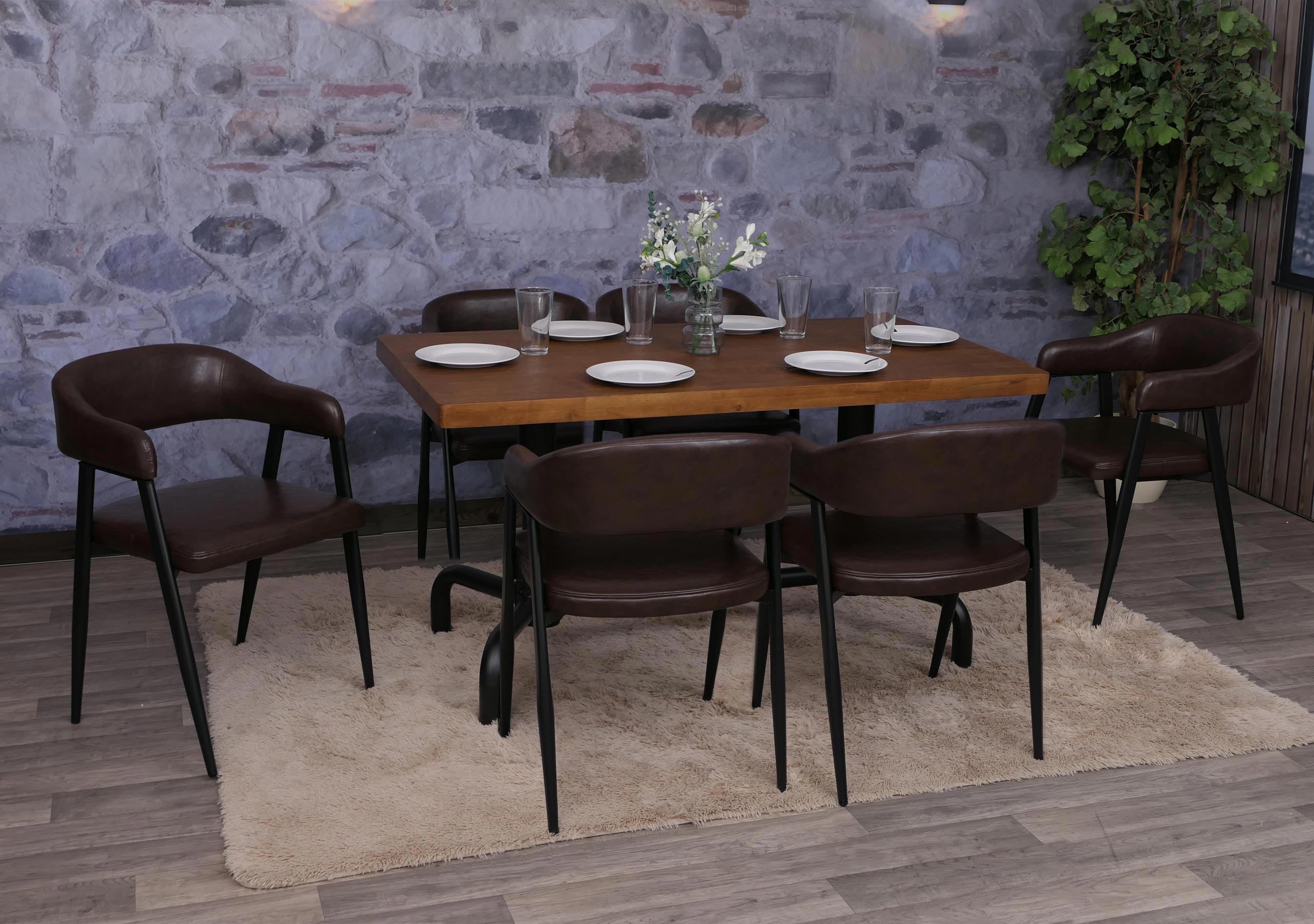 6er-Set Esszimmerstuhl MCW-P29, K&uuml;chenstuhl Lehnstuhl Polsterstuhl, Industrial Retro Vintage Kunstleder ~ dunkelbraun 