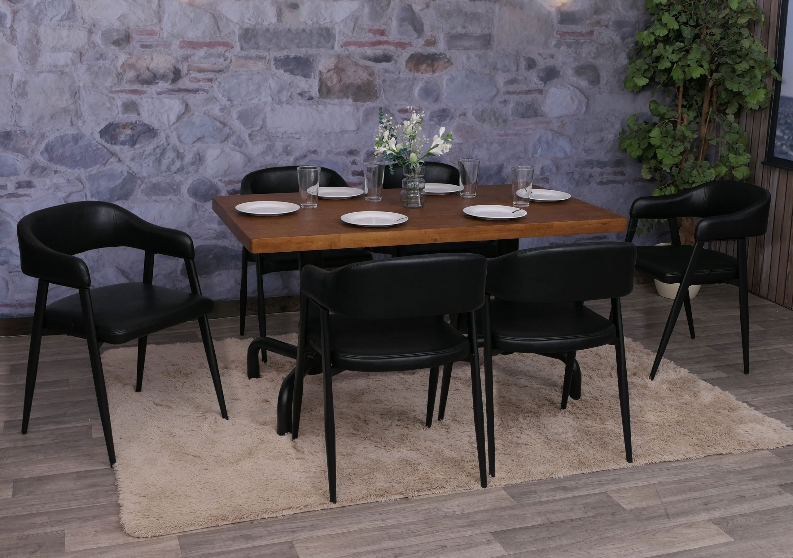 6er-Set Esszimmerstuhl MCW-P29, K&uuml;chenstuhl Lehnstuhl Polsterstuhl, Industrial Retro Vintage Kunstleder ~ schwarz 