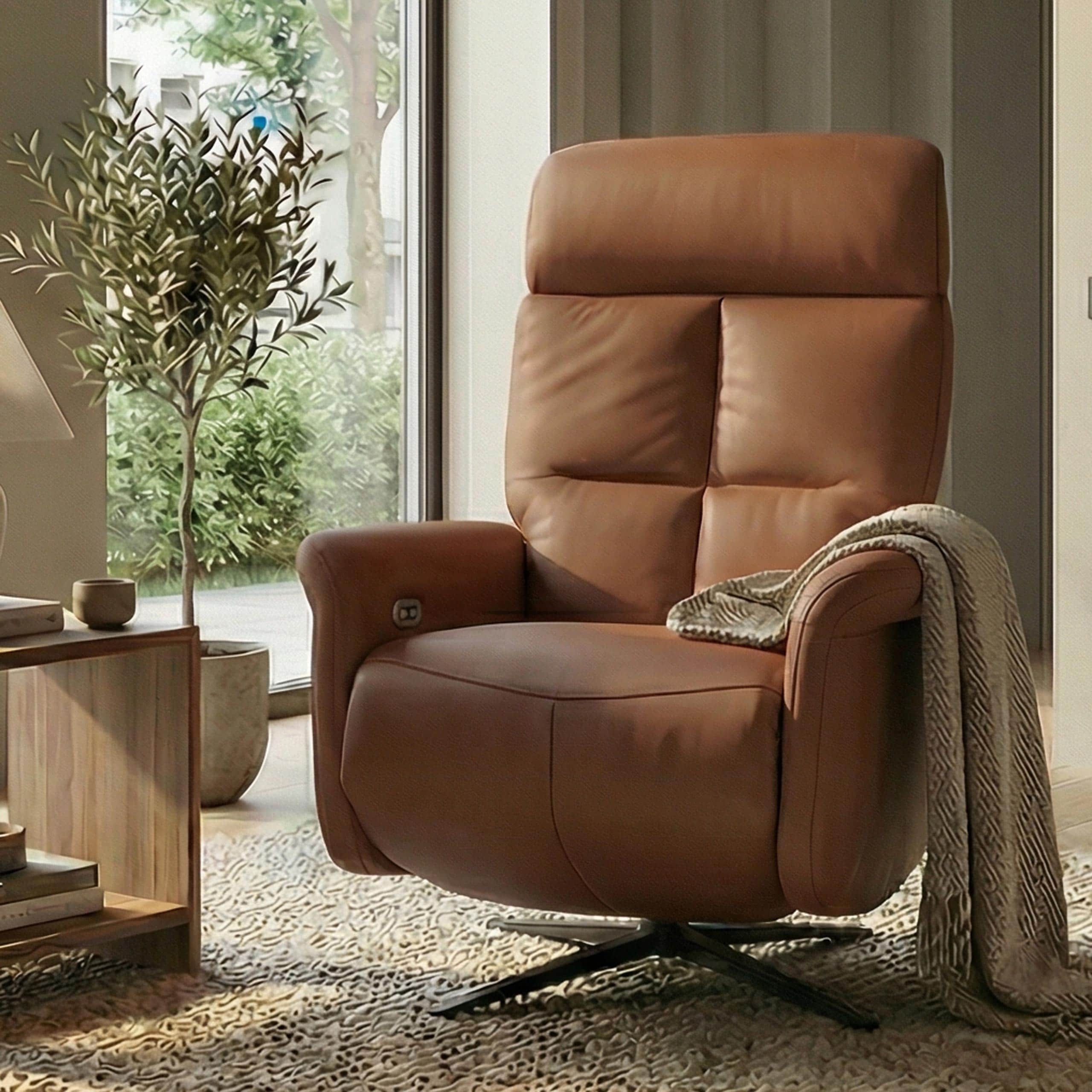 Relaxsessel MCW-L10, TV-Sessel Liegesessel, Liegefunktion drehbar, elektrisch verstellbar Voll-Leder ~ braun 