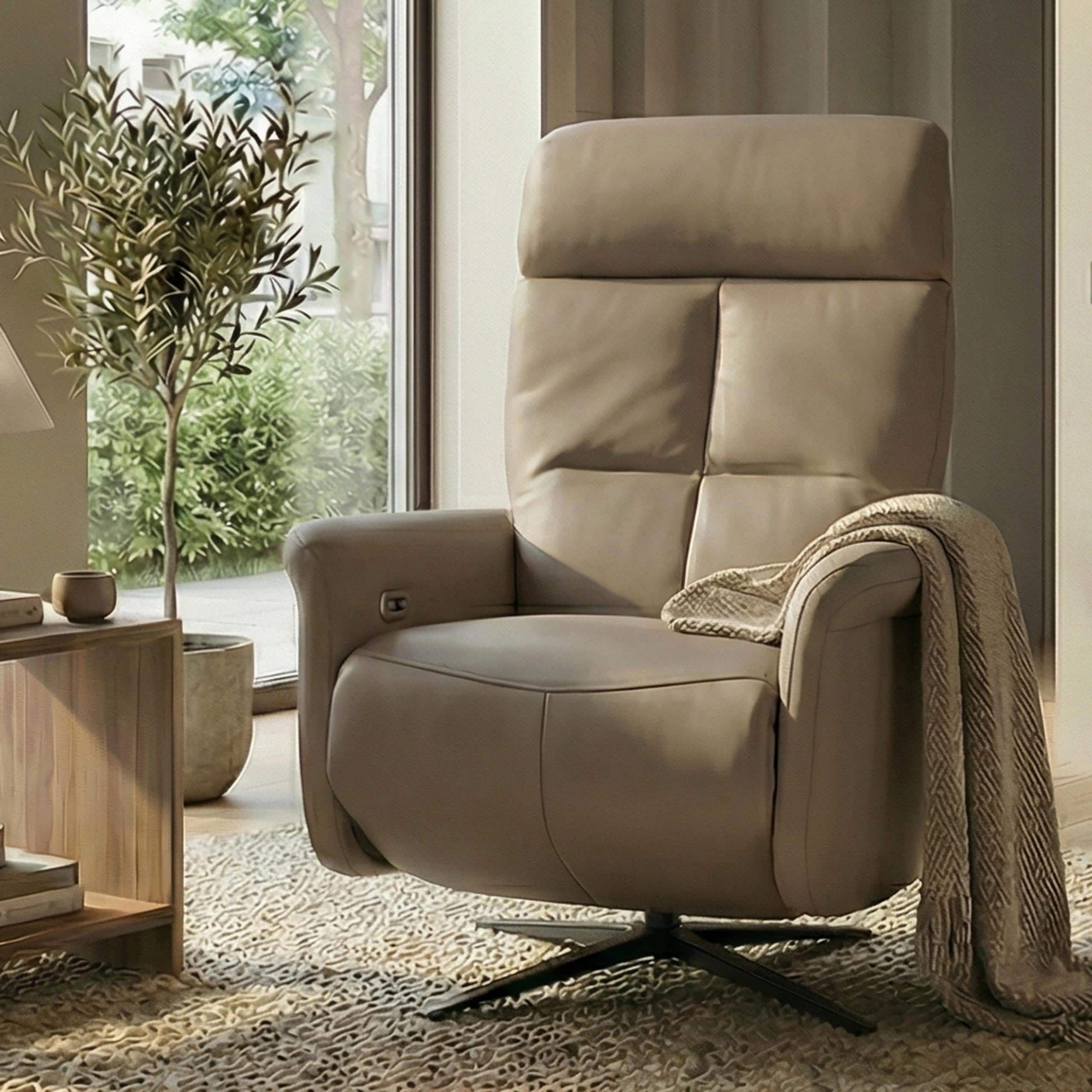 Relaxsessel MCW-L10, TV-Sessel Liegesessel, Liegefunktion drehbar, elektrisch verstellbar Voll-Leder ~ taupe 