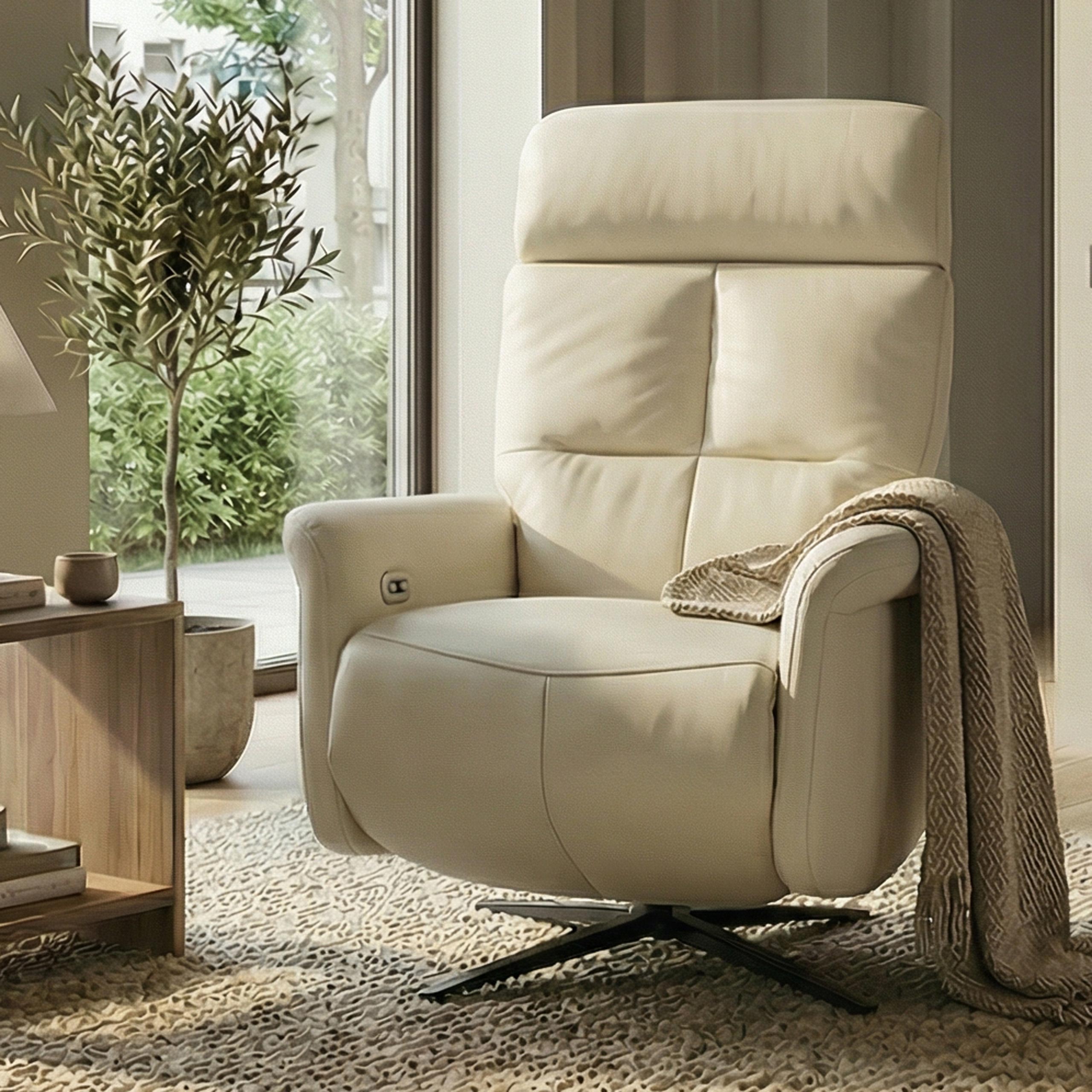 Relaxsessel MCW-L10, TV-Sessel Liegesessel, Liegefunktion drehbar, elektrisch verstellbar Voll-Leder ~ creme-wei&szlig; 