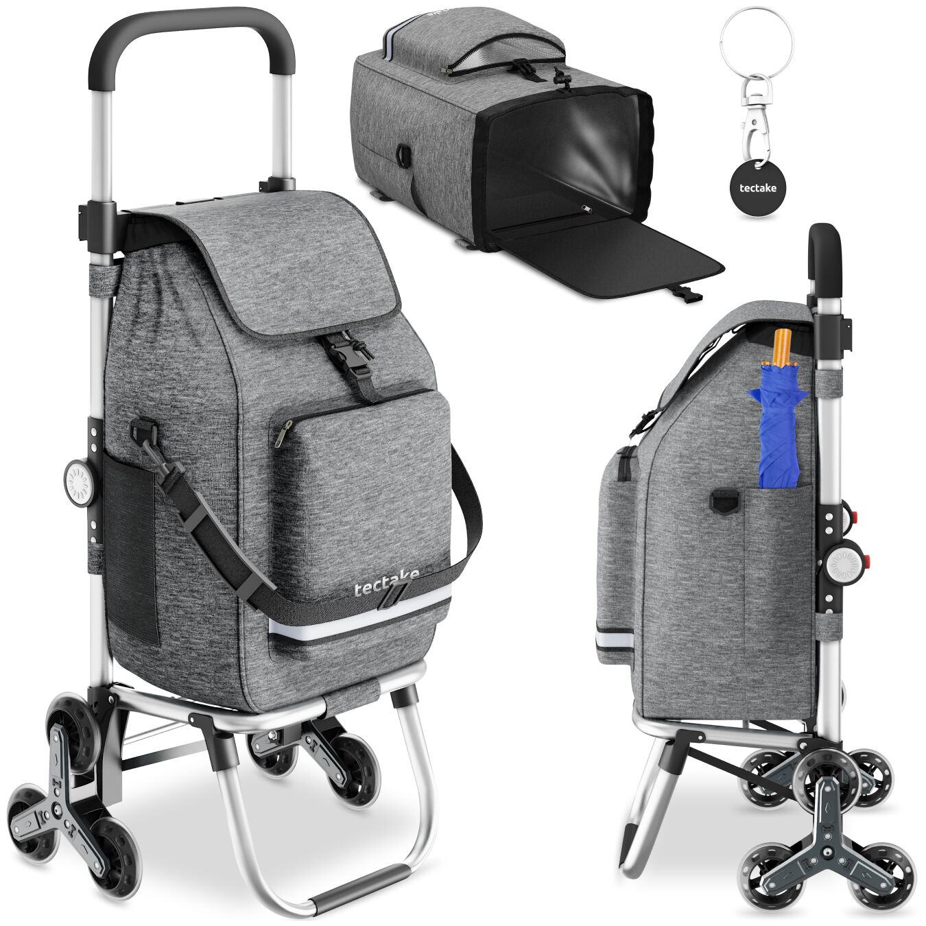 tectake&reg; Einkaufstrolley, 3-in-1, Nutzung auch als Umh&auml;ngetasche und Sackkarre, 50 l, l&auml;ngenverstellbarer Gurt, h&ouml;henverstellbarer und gepolsterter Griff, inkl. K&uuml;hltasche, leichtg&auml;ngige Treppensteiger-R&auml;der 