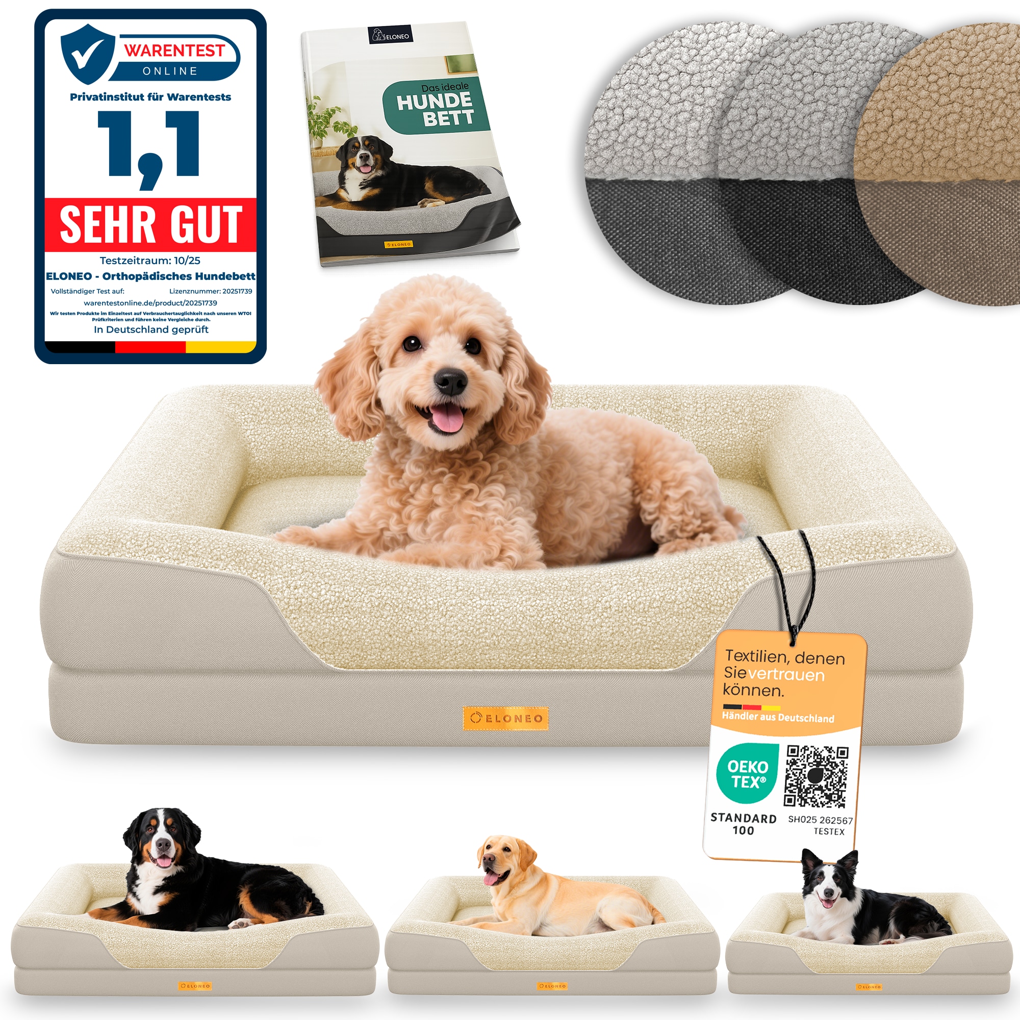 ELONEO Orthop&auml;disches Hundebett, Creme - Gr&ouml;&szlig;e S 