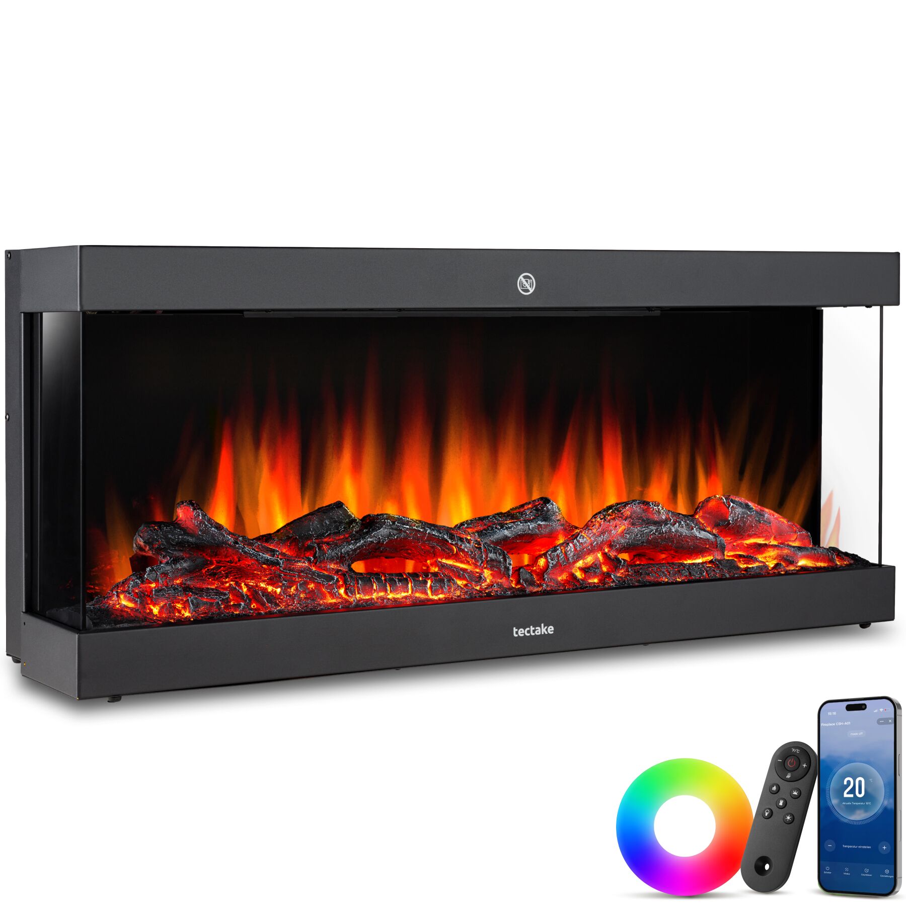tectake&reg; Elektro-Wandkamin, 2 Leistungsstufen mit 900 W und 1800 W, mehrere Farb-, Helligkeits- und Geschwindigkeitseinstellungen, mit Fernbedienung und App-Steuerung, integriertes Thermostat 