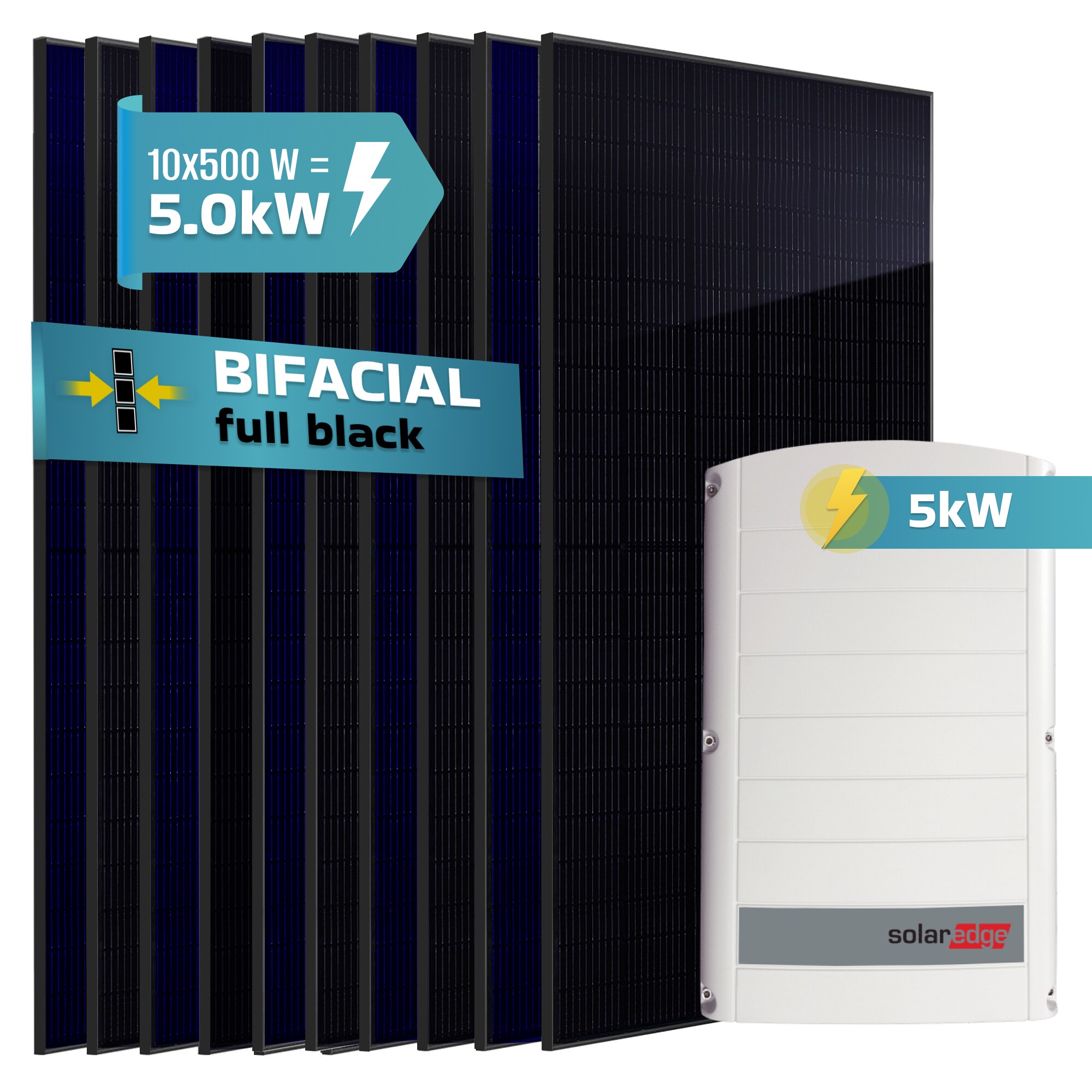 SUNNIVA&reg; 5.0 kW Solaranlage, 10x 500 W Solarmodule Fullblack Bifacial, Wechselrichter SolarEdge SE5K (3-phasig) 