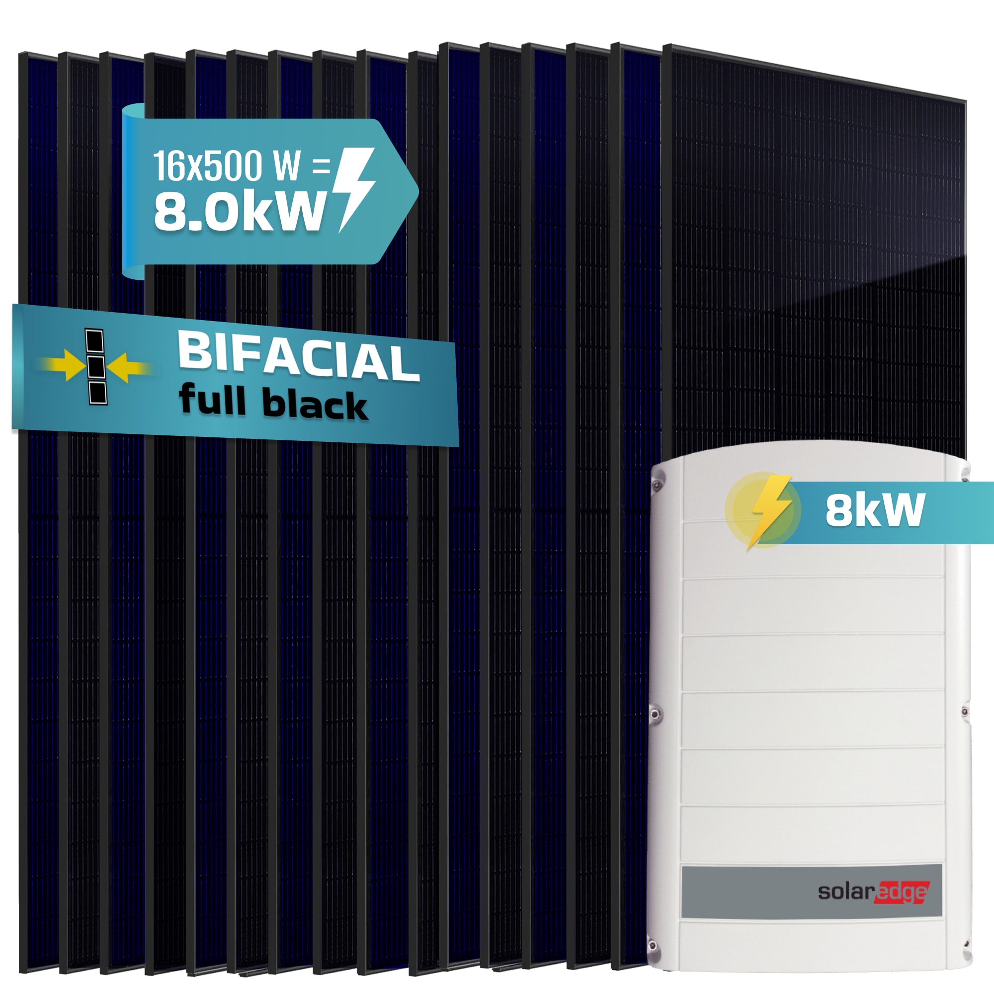 SUNNIVA&reg; 8.0 kW Solaranlage, 16x 500 W Solarmodule Fullblack Bifacial, Wechselrichter SolarEdge SE8K (3-phasig) 