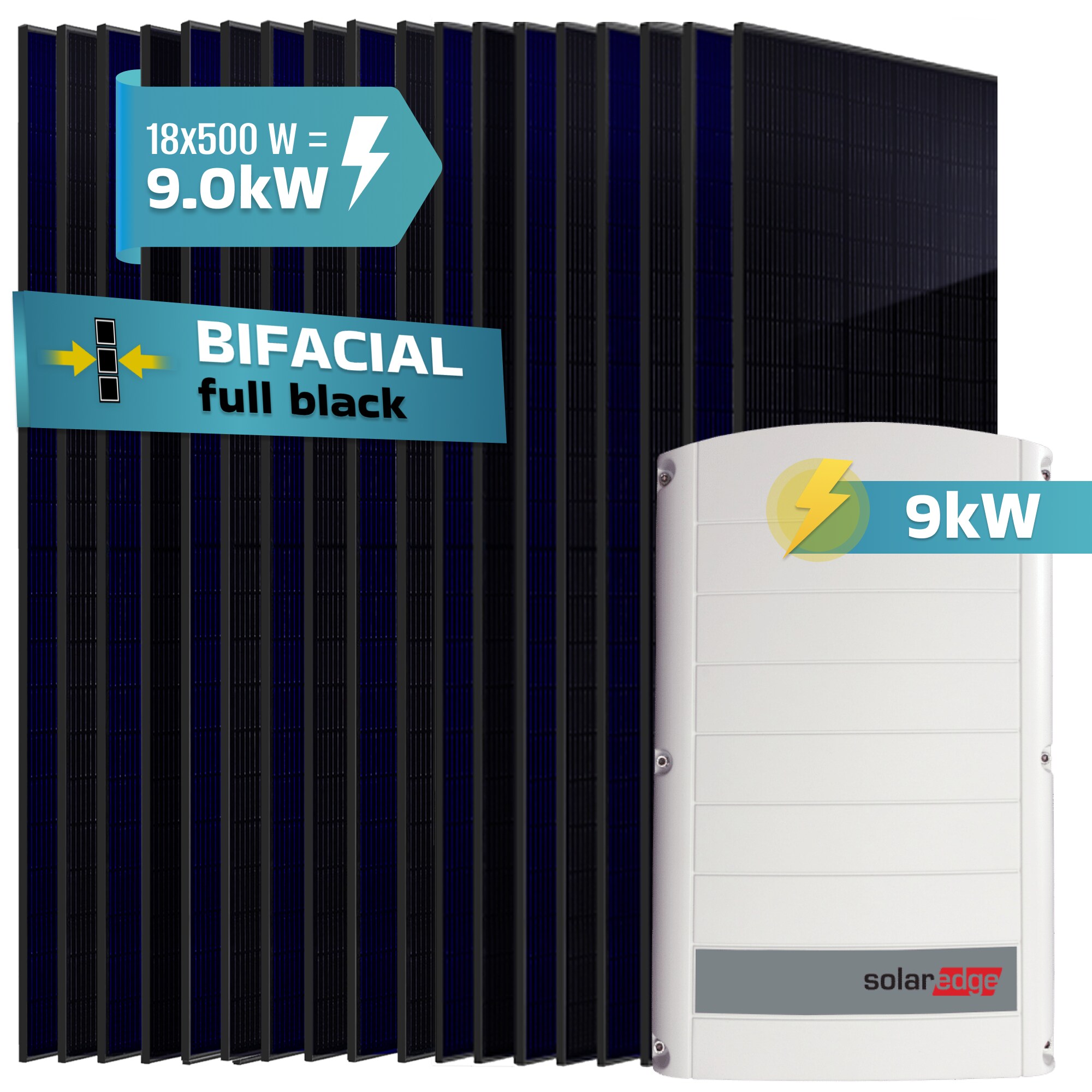 SUNNIVA&reg; 9.0 kW Solaranlage, 18x 500 W Solarmodule Fullblack Bifacial, Wechselrichter SolarEdge SE9K (3-phasig) 