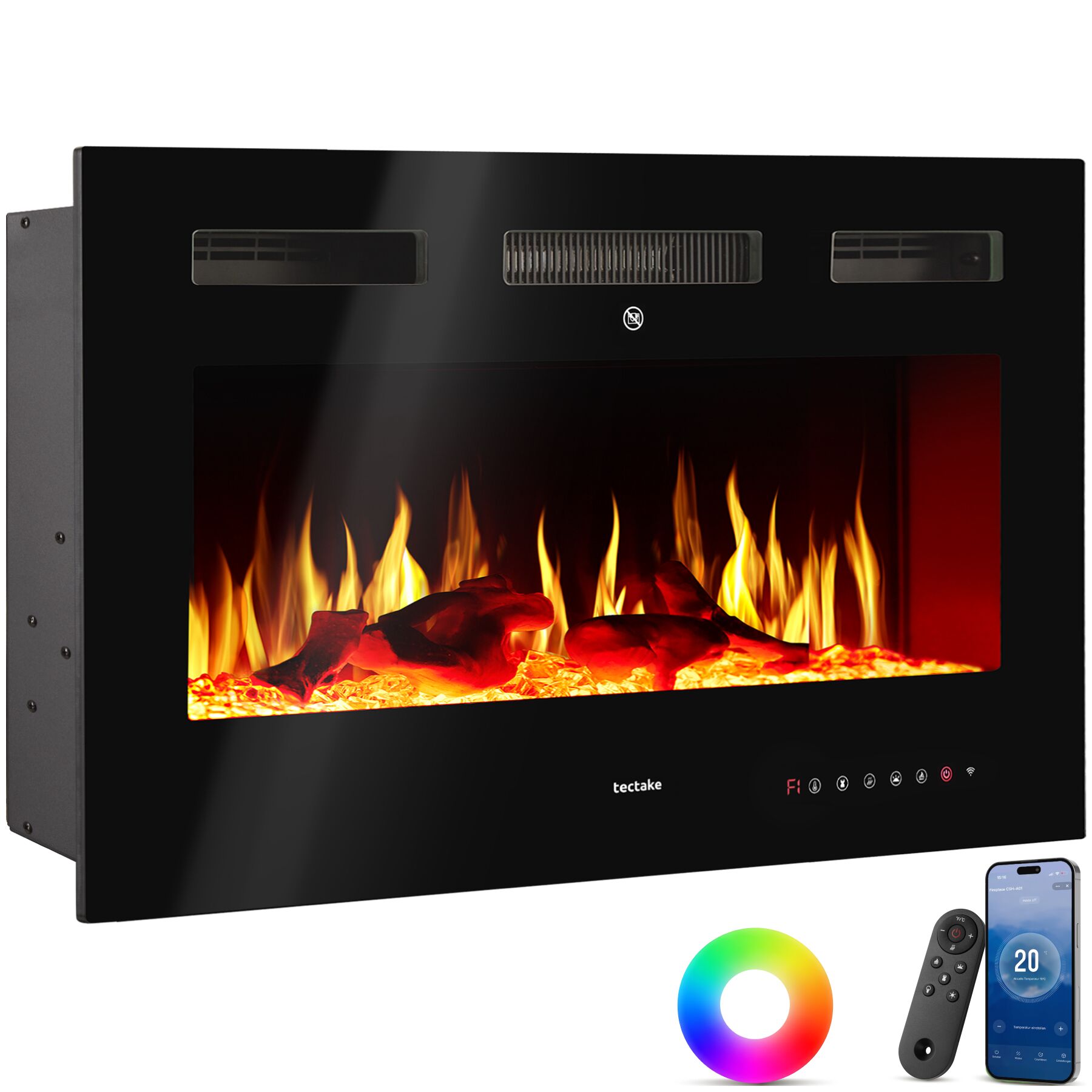 tectake&reg; Elektro-Wandkamin, 2 Leistungsstufen mit 900 W und 1800 W, mehrere Farb-, Helligkeits- und Geschwindigkeitseinstellungen, mit Fernbedienung und App-Steuerung, integriertes Thermostat 
