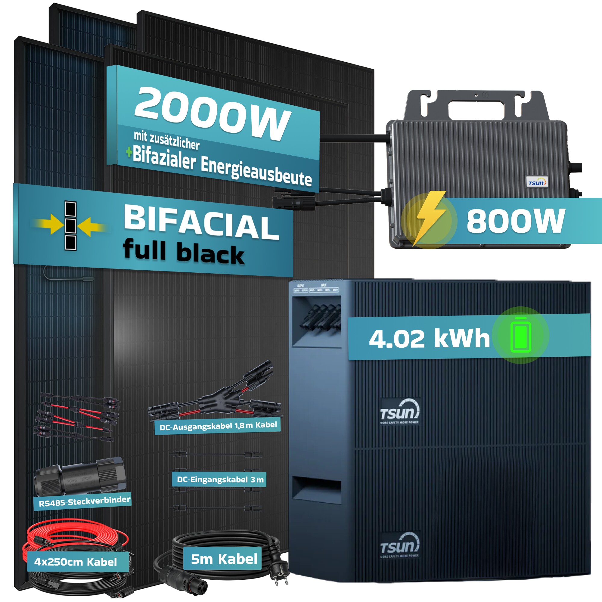 SUNNIVA&reg; 2000W Balkonkraftwerk mit 4,02 kWh Speicher TSUN SOLARCAN TSOL-DCU2000Lite, BIFAZIAL FULLBLACK komplett Steckdose, PV Solaranlage Komplettset mit Solarspeicher, 4x 500W Glas-Glas Bifacial 