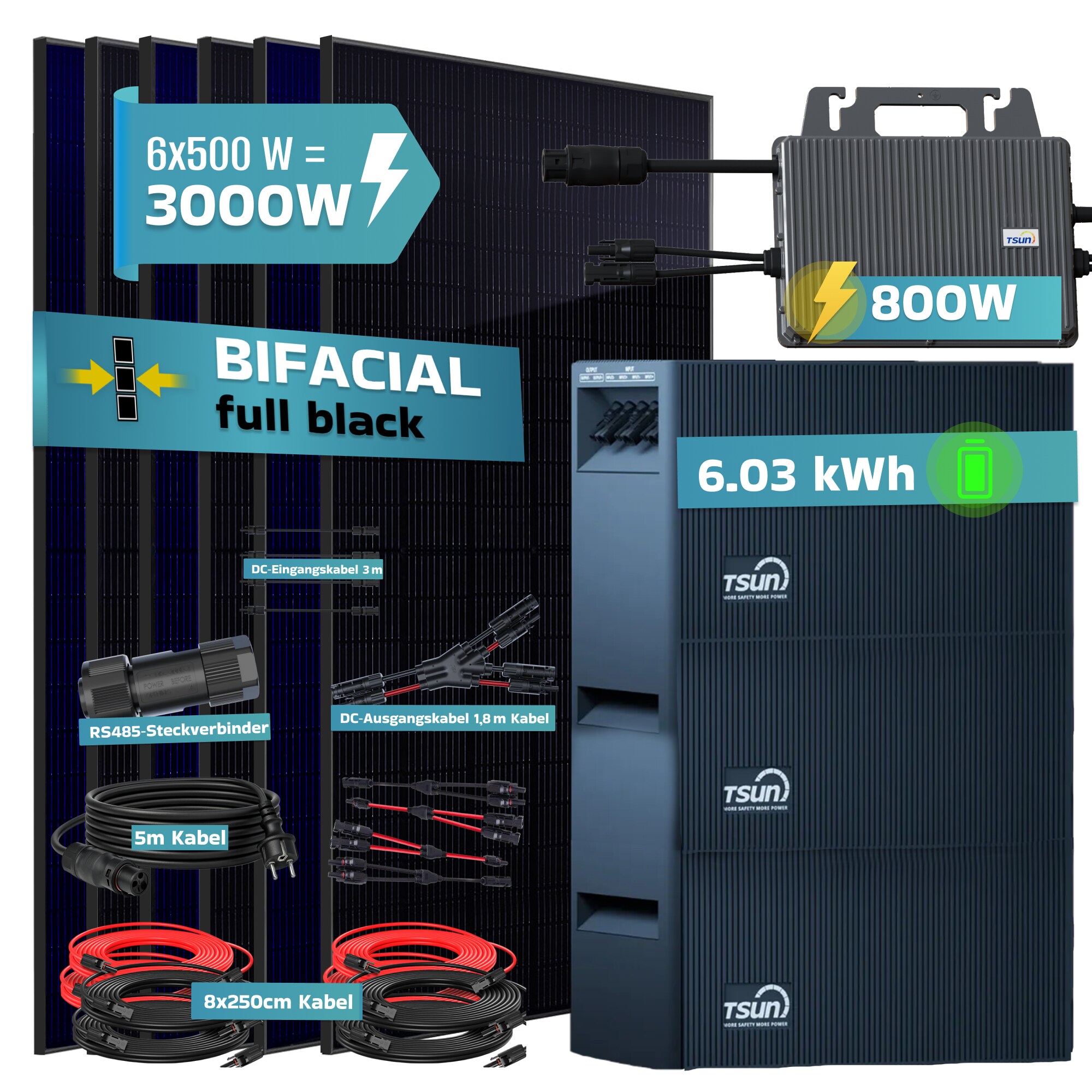 SUNNIVA&reg; 3000W Balkonkraftwerk mit 6,03 kWh Speicher TSUN SOLARCAN TSOL-DCU2000Lite, BIFAZIAL FULLBLACK komplett Steckdose, PV Solaranlage Komplettset mit Solarspeicher, 6x 500W Glas-Glas Bifacial 