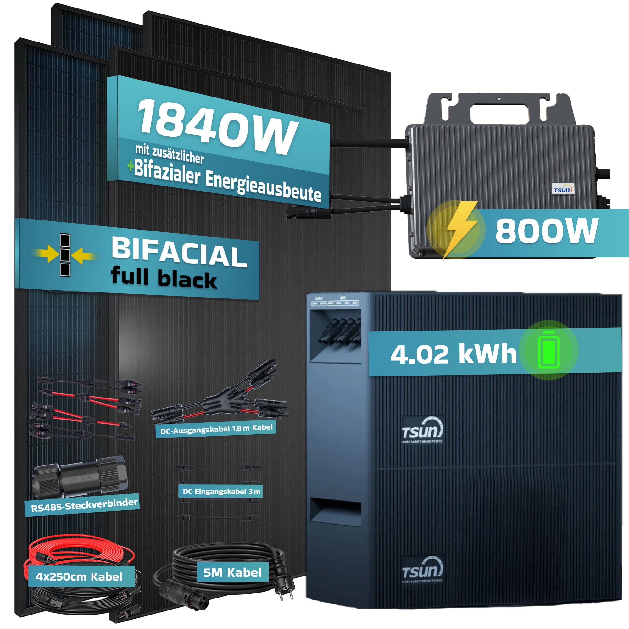 SUNNIVA&reg; 1840W Balkonkraftwerk mit 4,02 kWh Speicher TSUN SOLARCAN TSOL-DCU2000Lite, BIFAZIAL FULLBLACK komplett Steckdose, PV Solaranlage Komplettset mit Solarspeicher, 4x 500W Glas-Glas Bifacial 