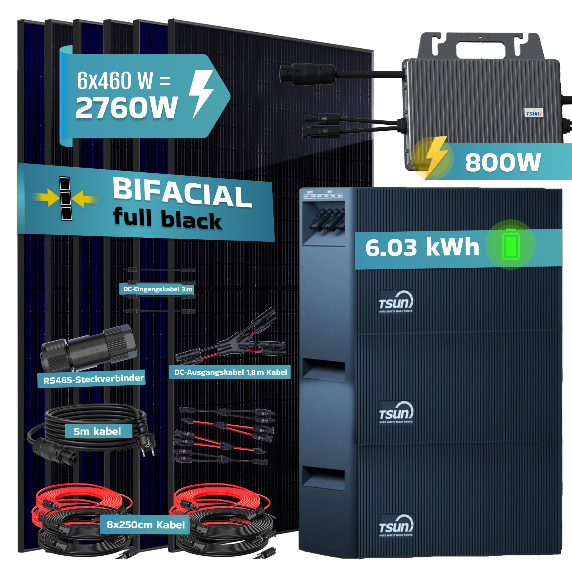SUNNIVA&reg; 2760W Balkonkraftwerk mit 6,03 kWh Speicher TSUN SOLARCAN TSOL-DCU2000Lite, BIFAZIAL FULLBLACK komplett Steckdose, PV Solaranlage Komplettset mit Solarspeicher, 6x 500W Glas-Glas Bifacial 